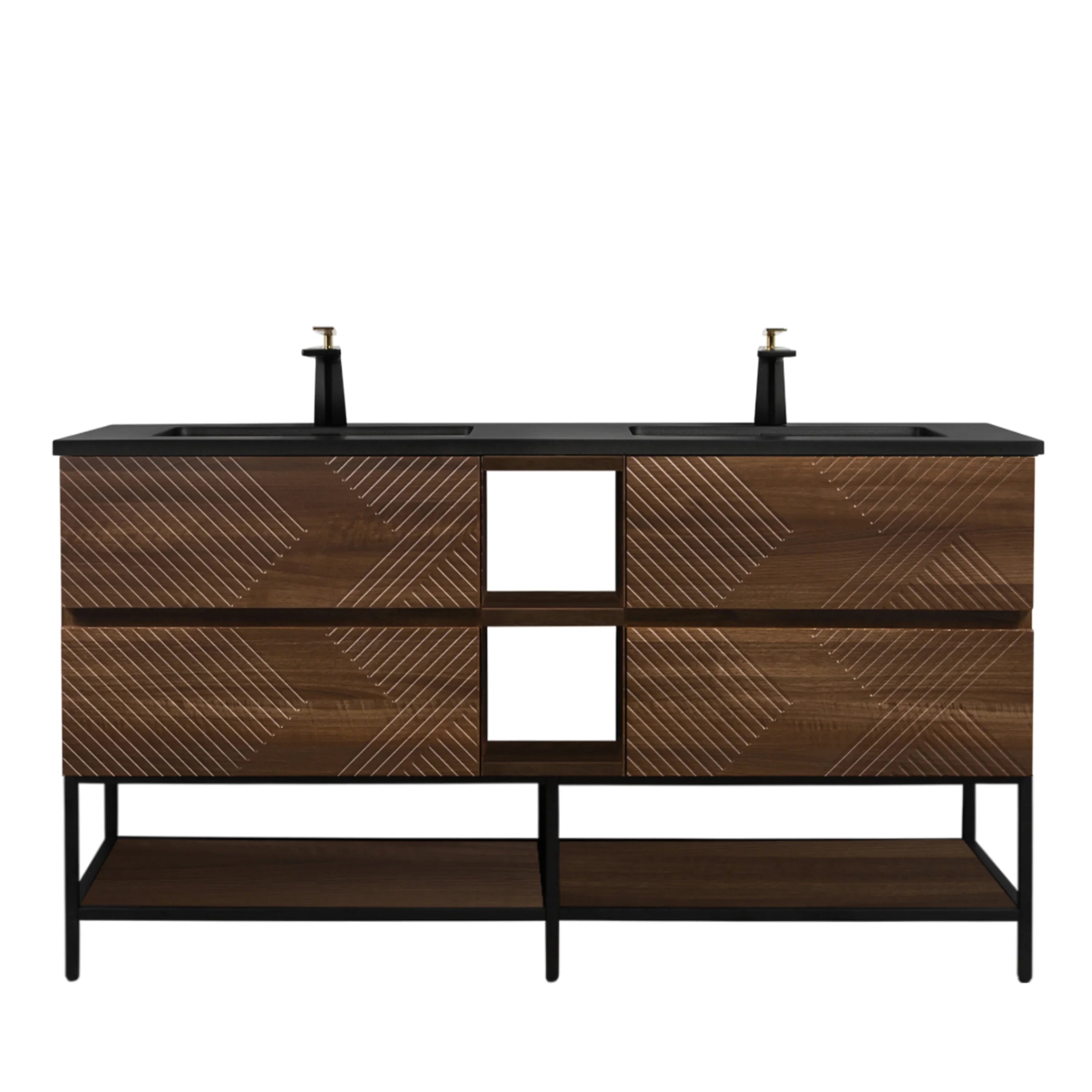 72" Walnut Wall Mount Double Sink Bathroom Vanity with Black Engineered Quartz Countertop