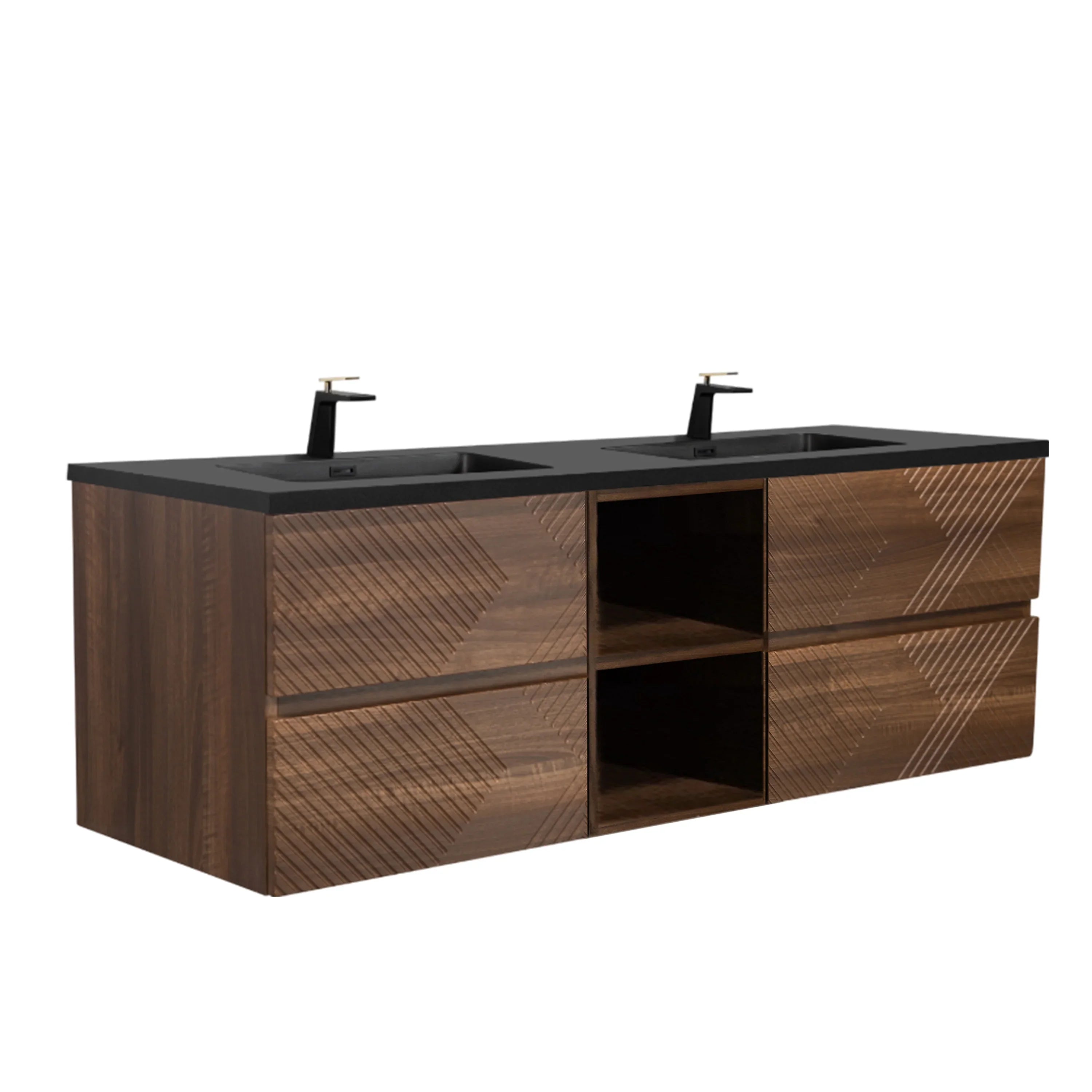 72" Walnut Wall Mount Double Sink Bathroom Vanity with Black Engineered Quartz Countertop