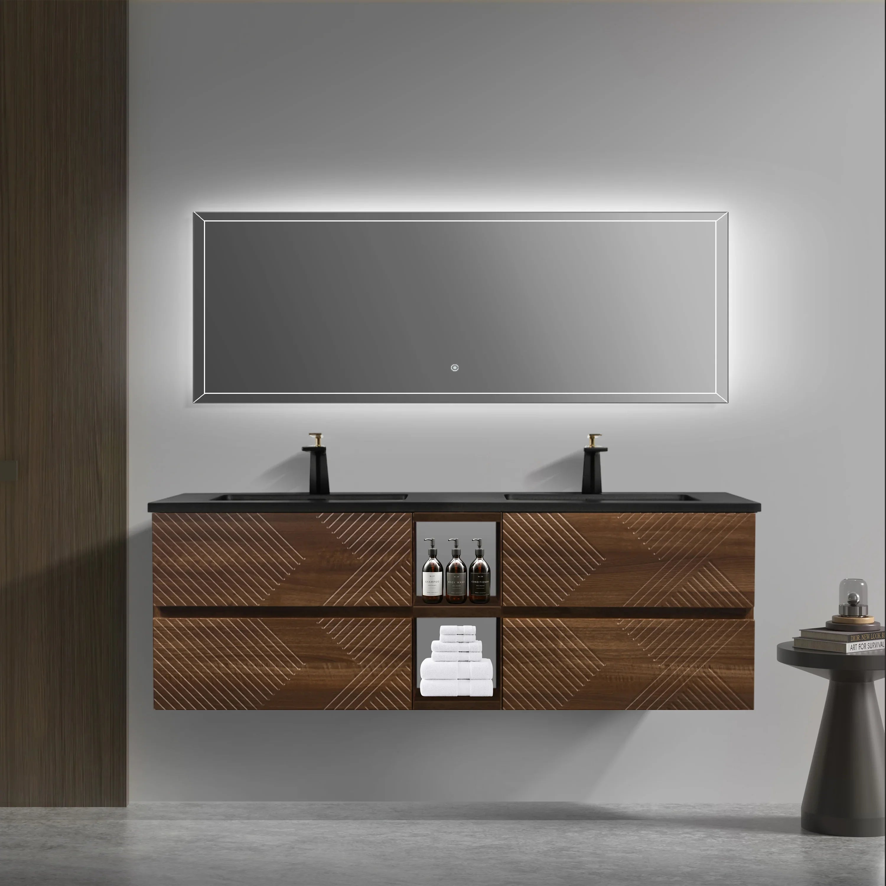 72" Walnut Wall Mount Double Sink Bathroom Vanity with Black Engineered Quartz Countertop