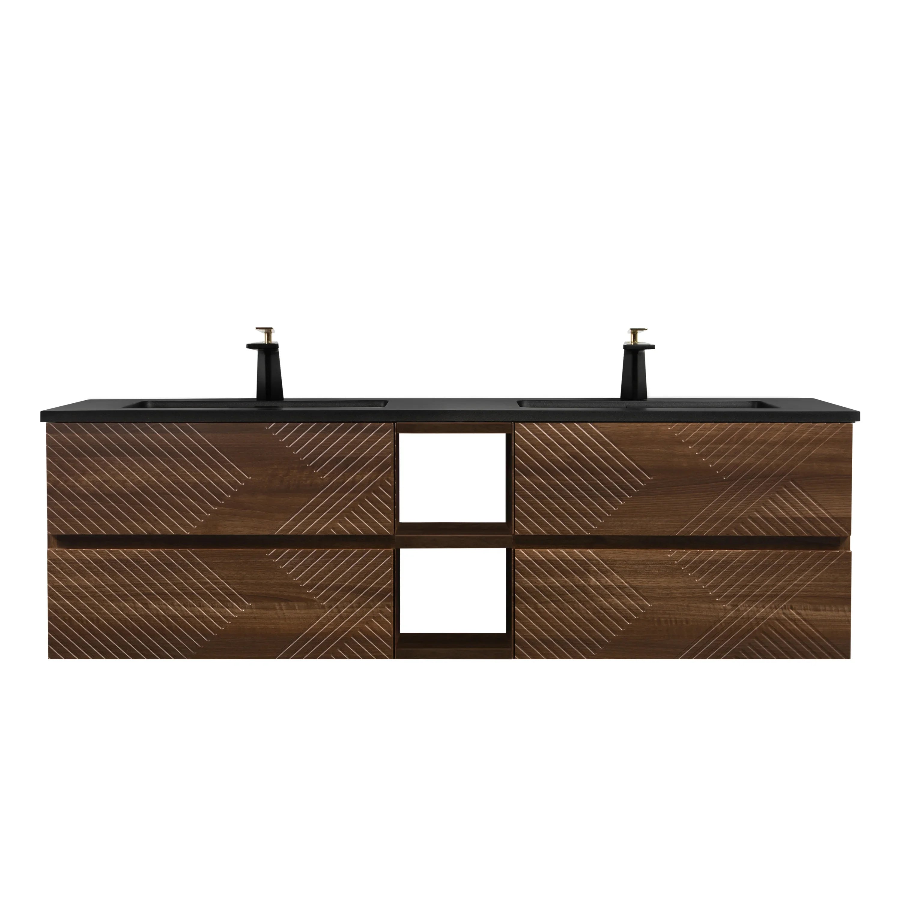 72" Walnut Wall Mount Double Sink Bathroom Vanity with Black Engineered Quartz Countertop