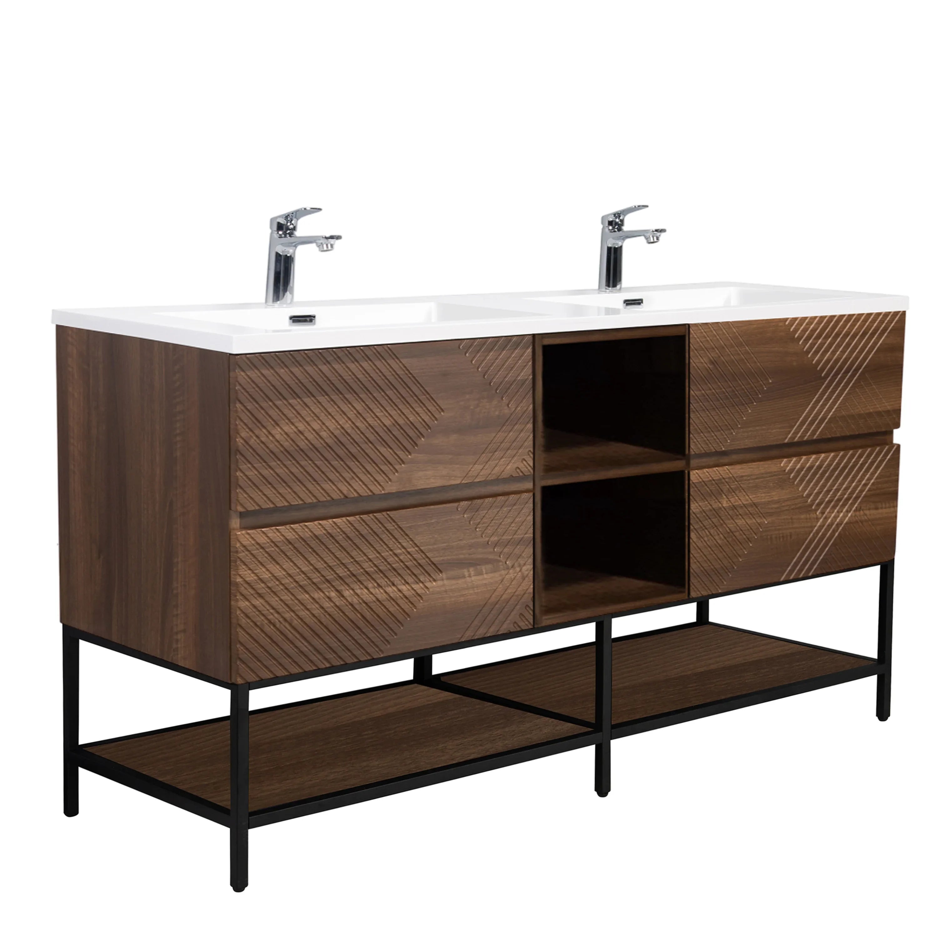 72" Walnut Wall Mount Double Sink Bathroom Vanity with White Polymarble Countertop