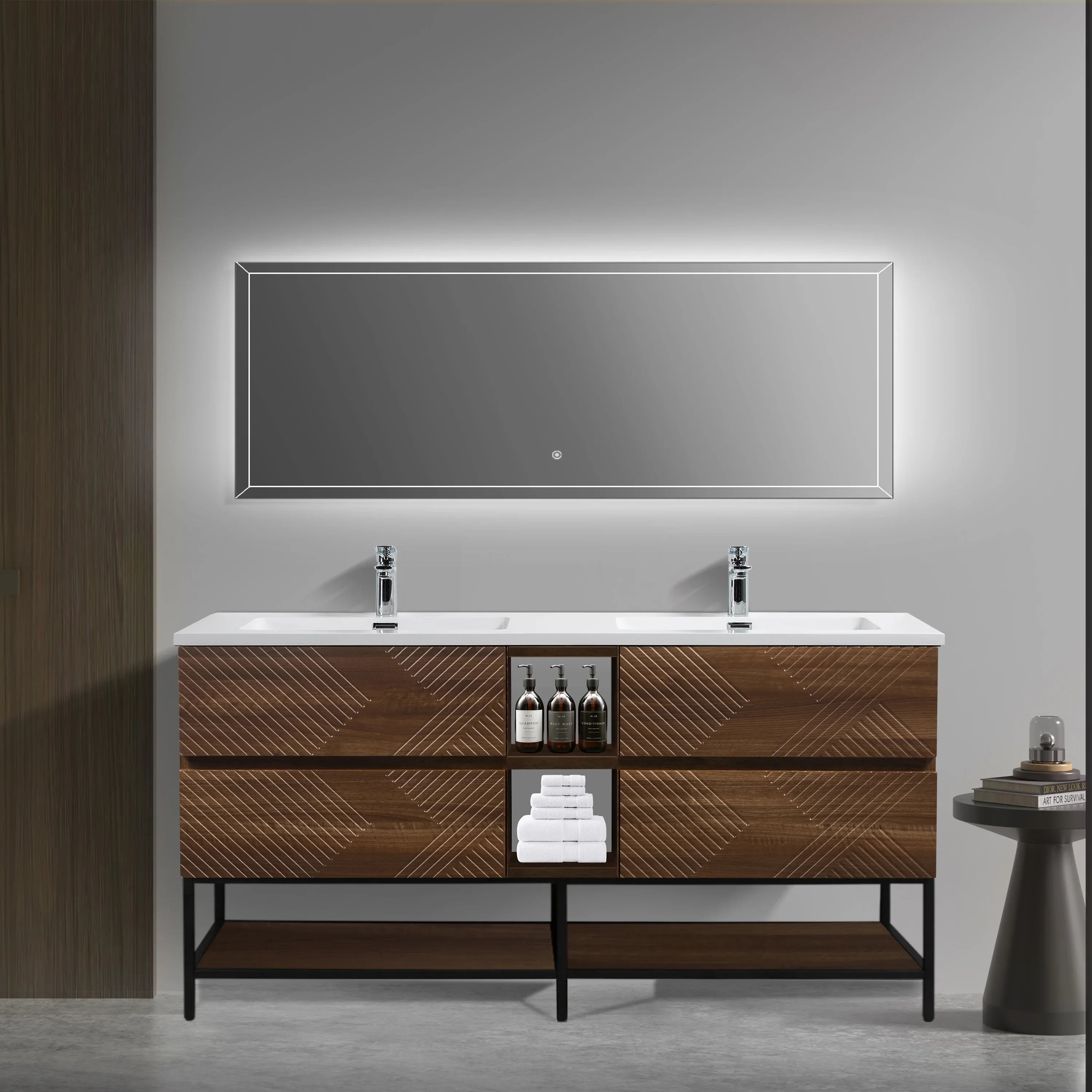 72" Walnut Wall Mount Double Sink Bathroom Vanity with White Polymarble Countertop