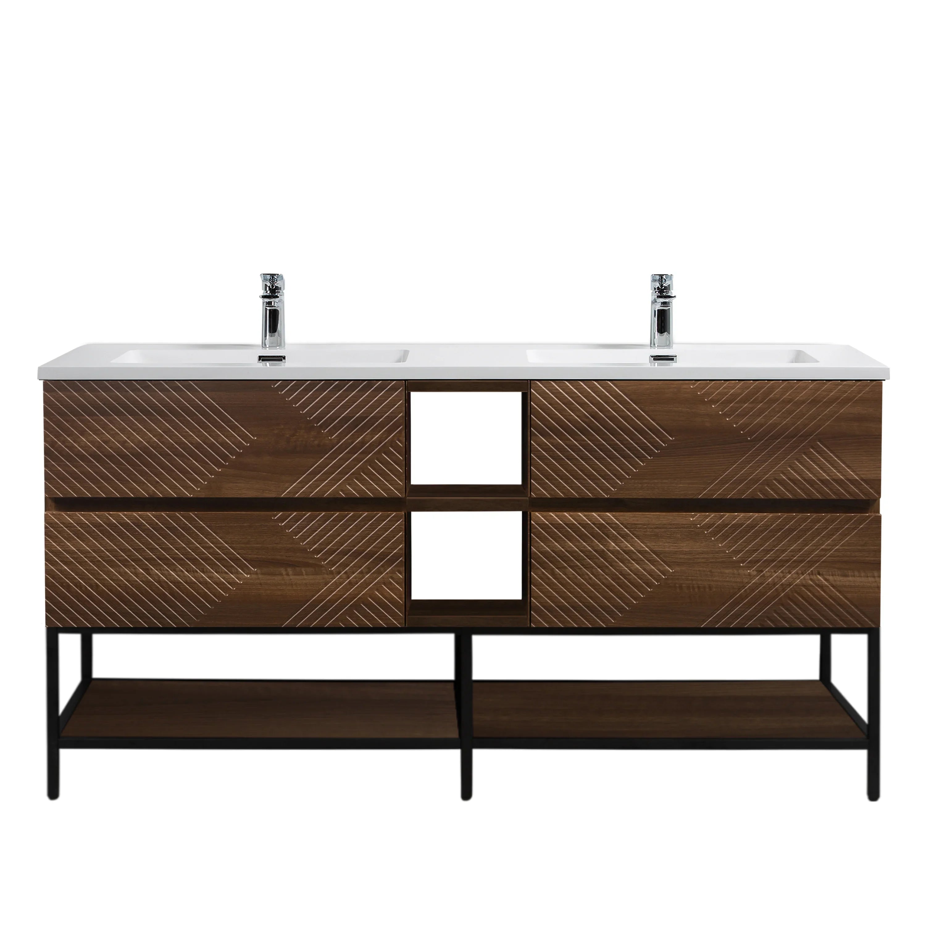 72" Walnut Wall Mount Double Sink Bathroom Vanity with White Polymarble Countertop