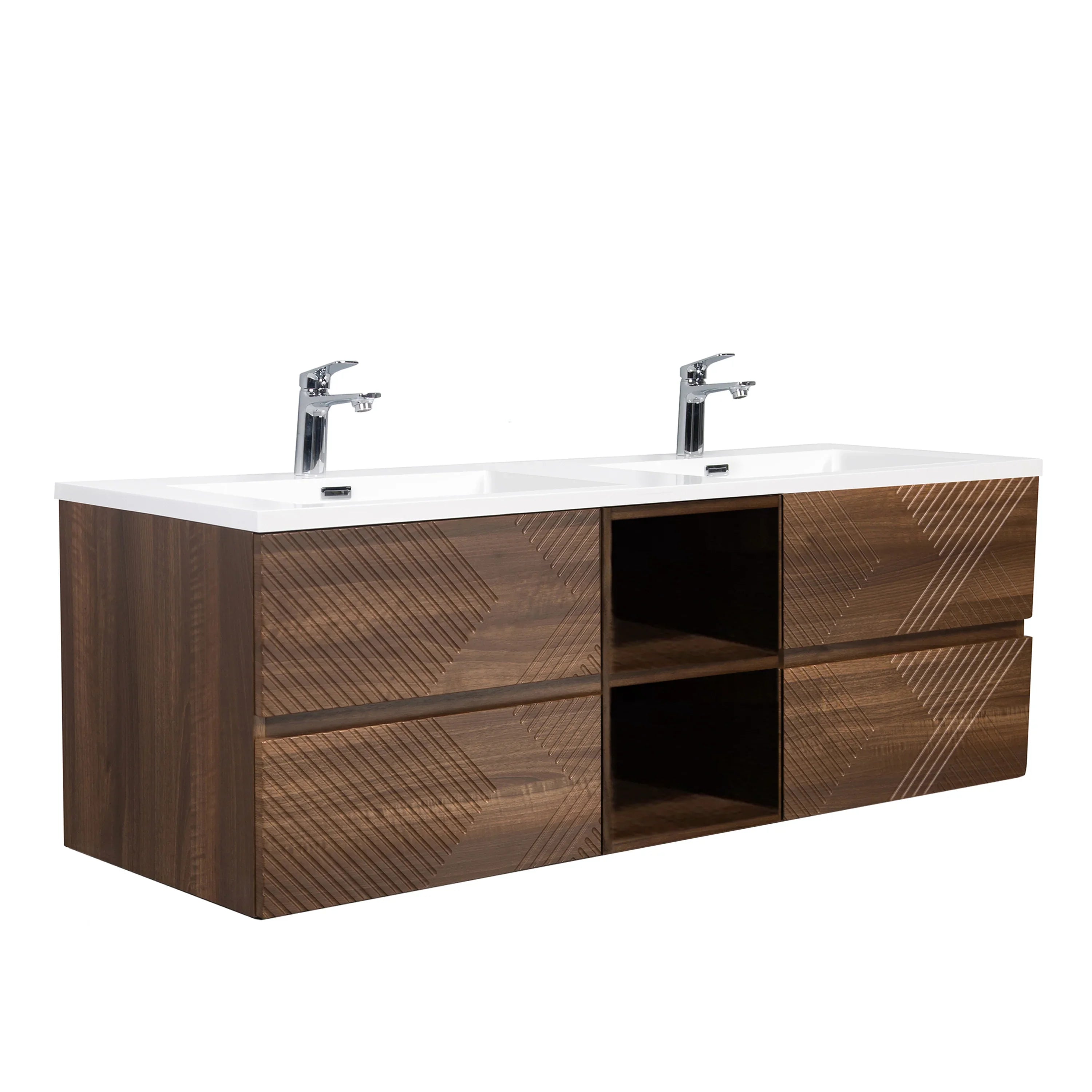 72" Walnut Wall Mount Double Sink Bathroom Vanity with White Polymarble Countertop