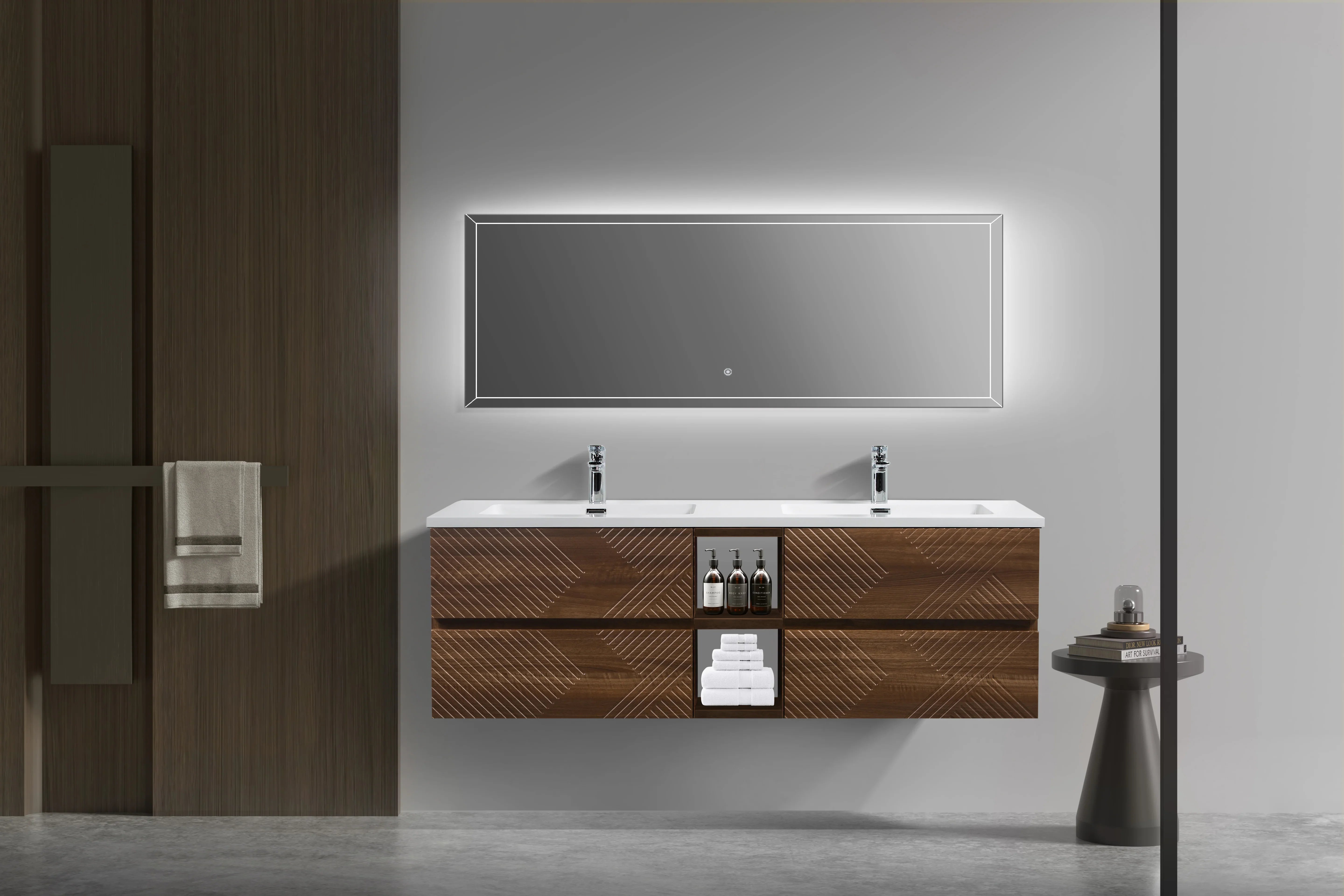 72" Walnut Wall Mount Double Sink Bathroom Vanity with White Polymarble Countertop