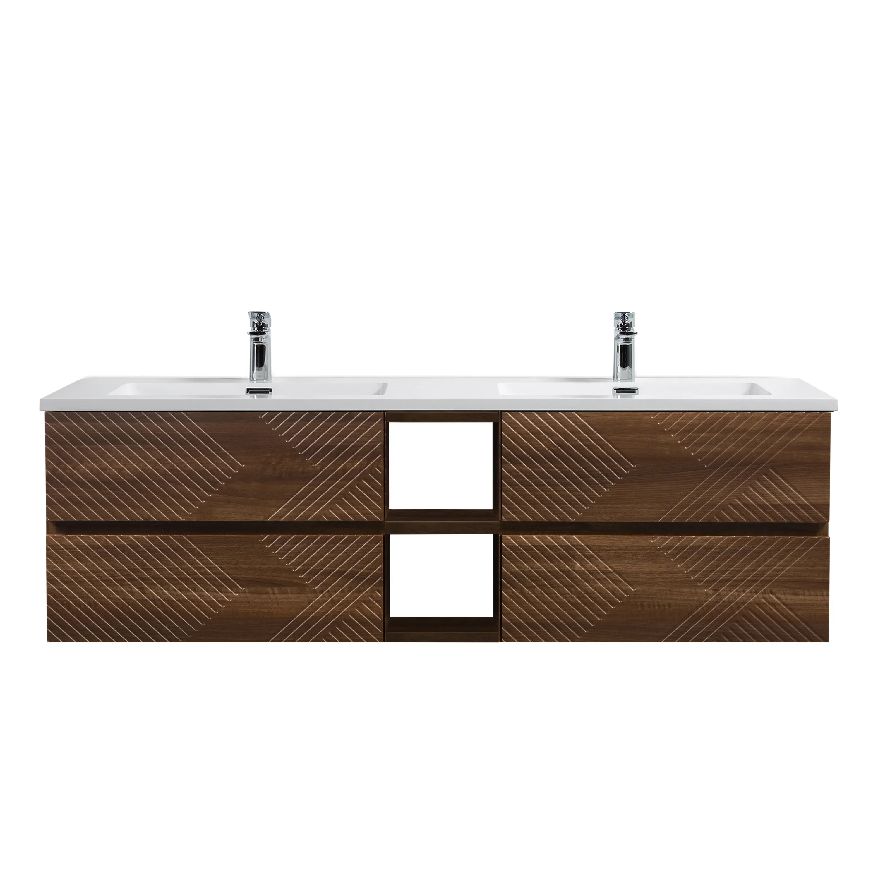 72" Walnut Wall Mount Double Sink Bathroom Vanity with White Polymarble Countertop