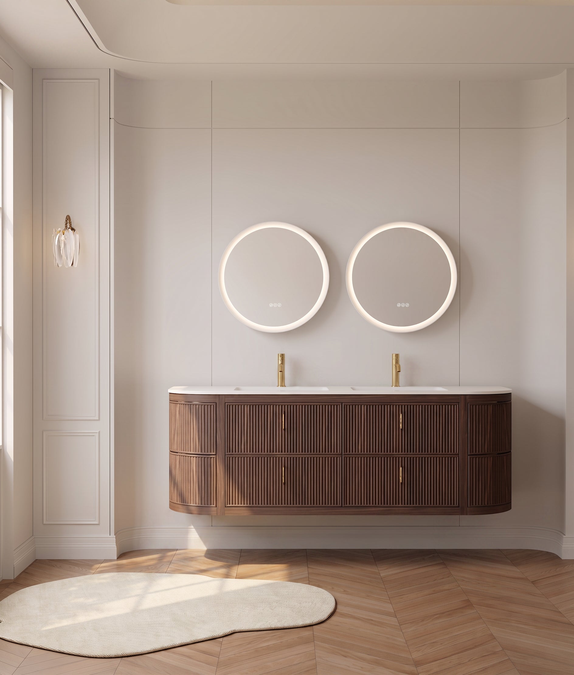 72" Walnut Curved Fluted Bathroom Vanity - Matte White Countertop