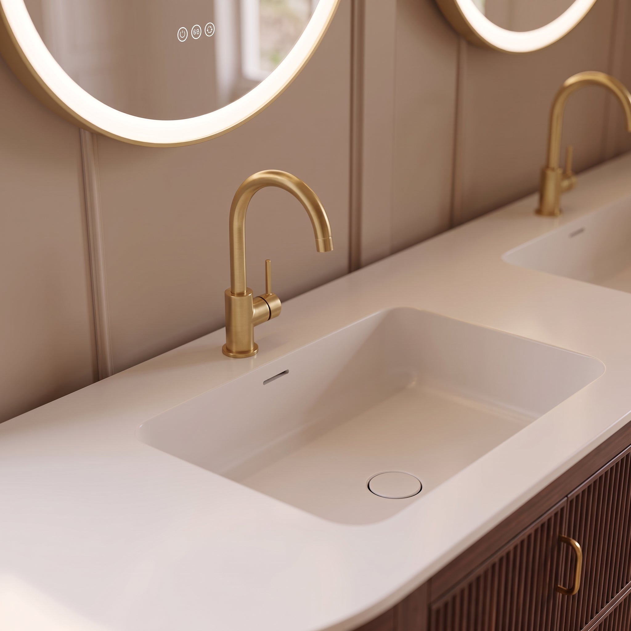 72" Walnut Curved Fluted Bathroom Vanity - Matte White Countertop