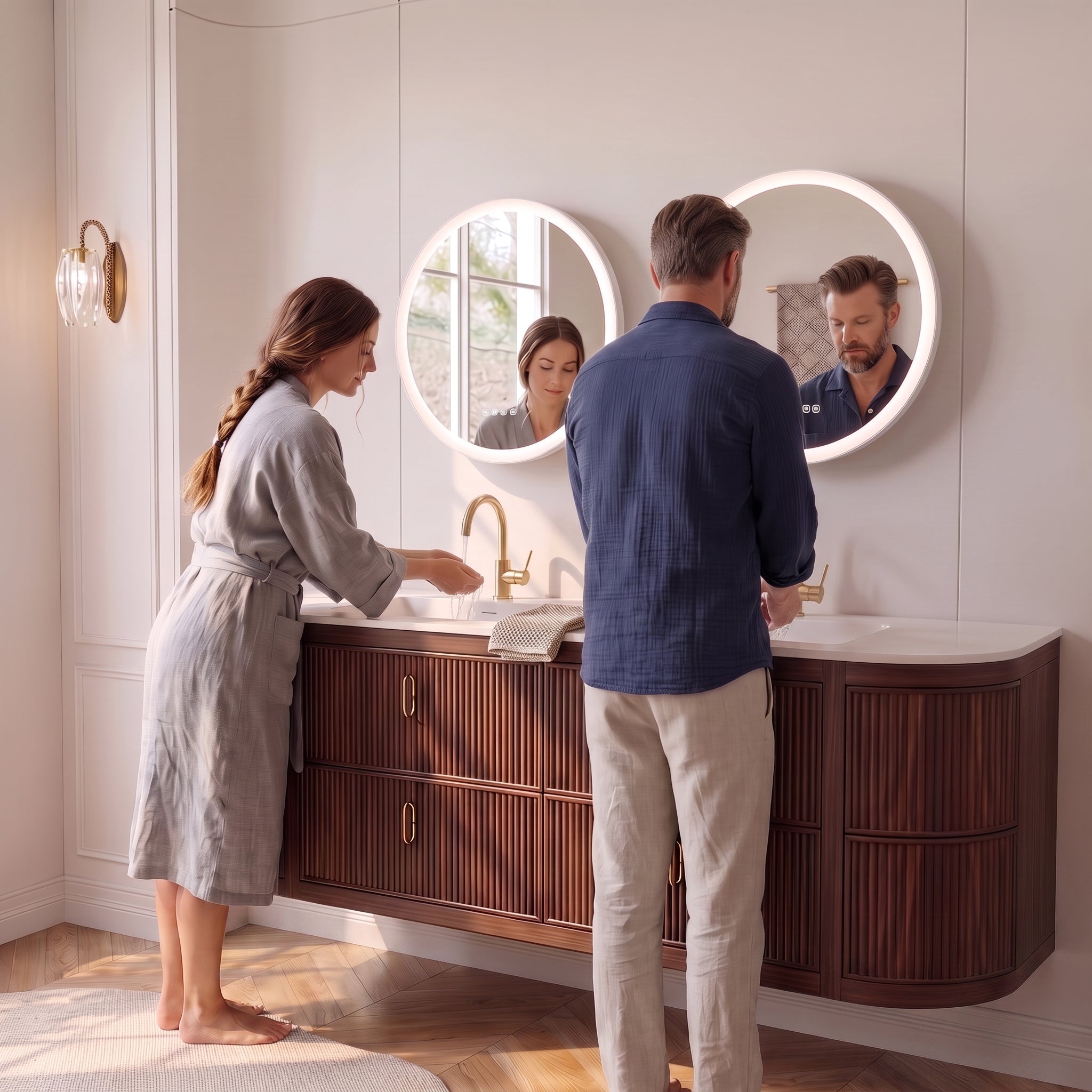 72" Walnut Curved Fluted Bathroom Vanity - Matte White Countertop
