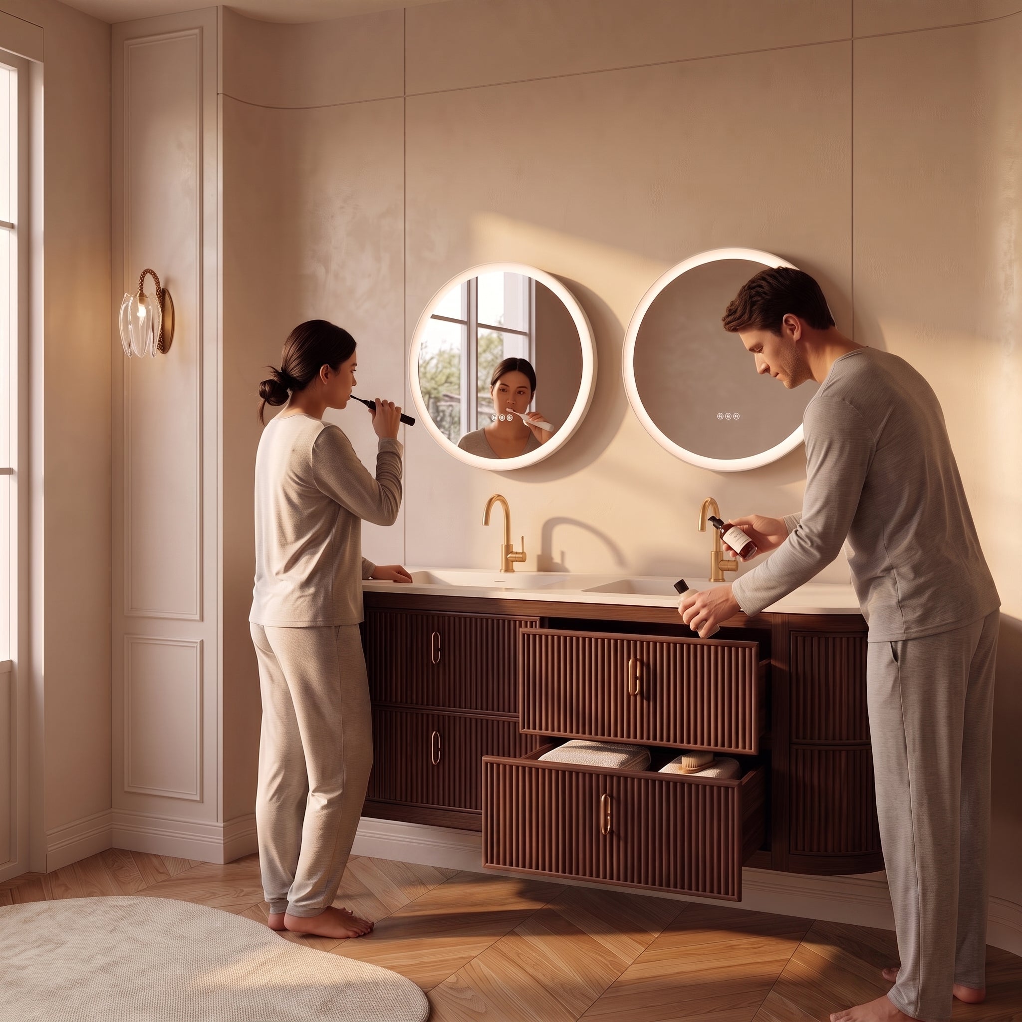 72" Walnut Curved Fluted Bathroom Vanity - Matte White Countertop