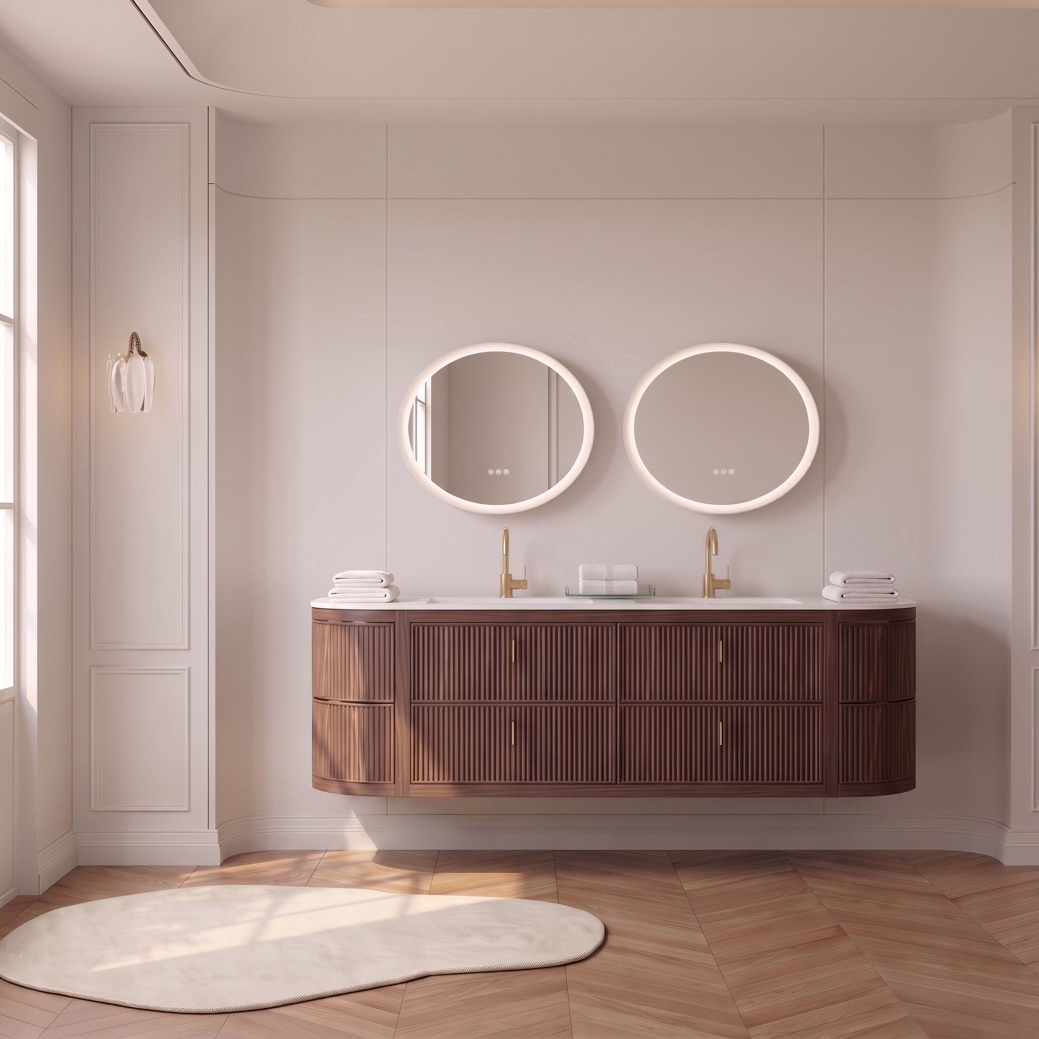 Meuble-lavabo de salle de bain cannelé incurvé en noyer de 183 cm - Plan de travail blanc mat