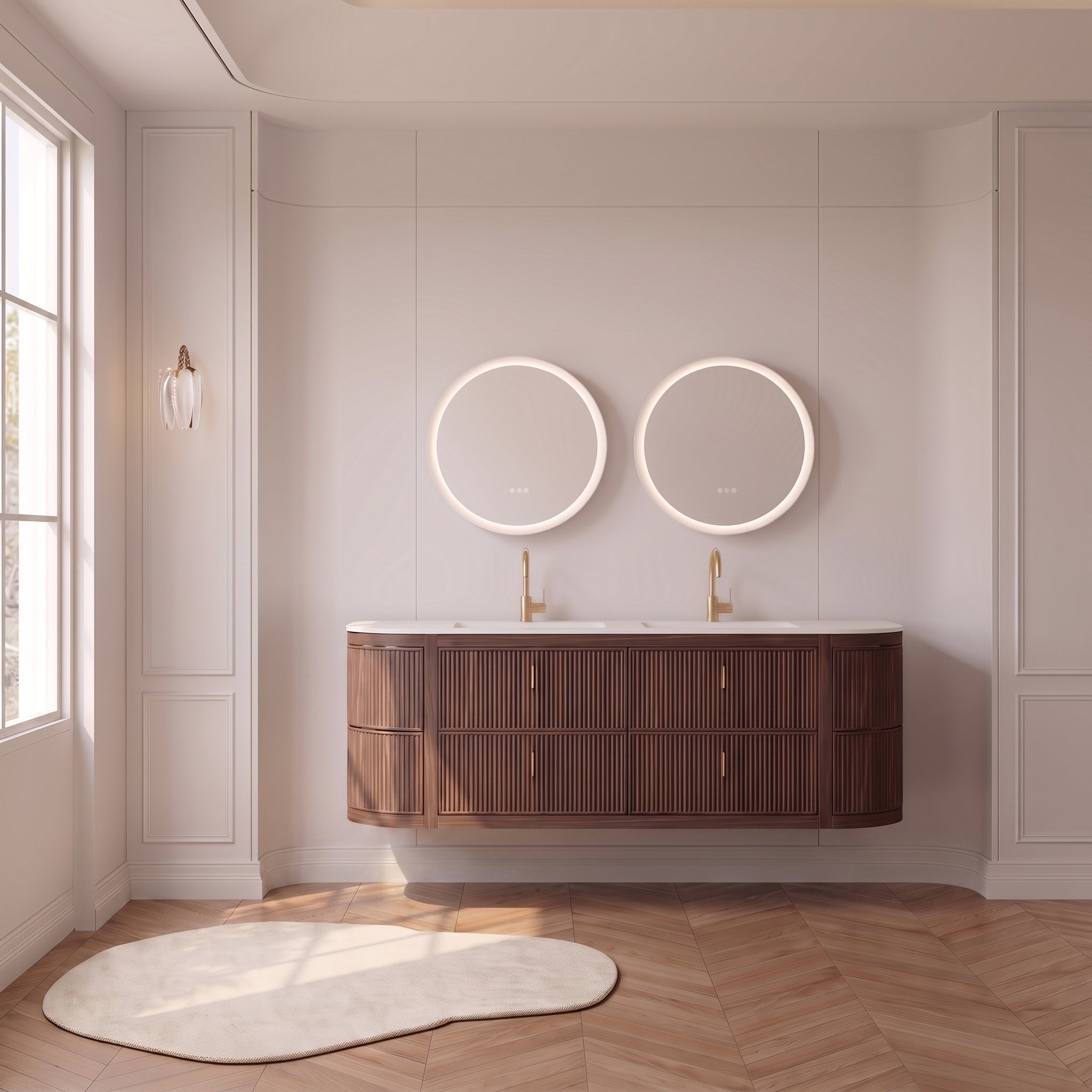 72" Walnut Curved Fluted Bathroom Vanity - Matte White Countertop
