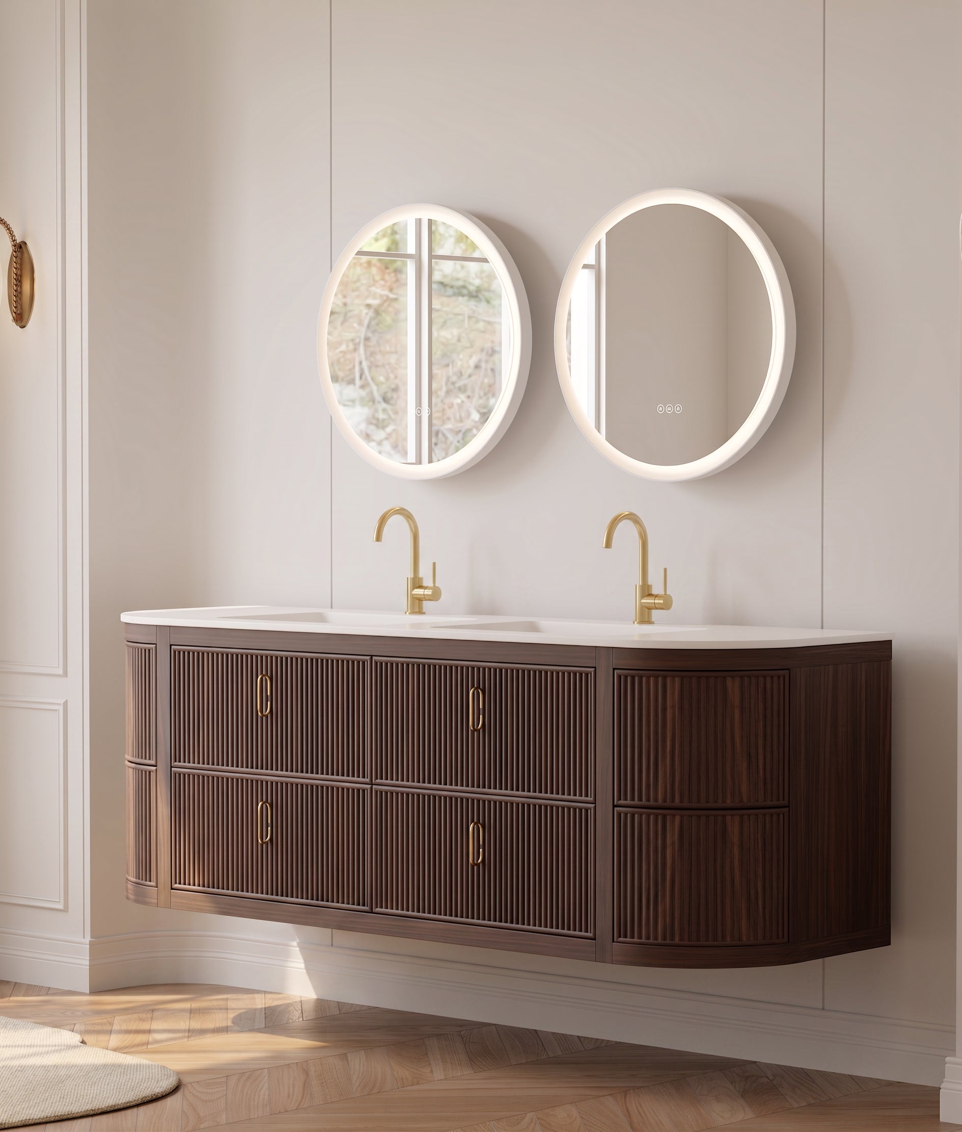 72" Walnut Curved Fluted Bathroom Vanity - Matte White Countertop