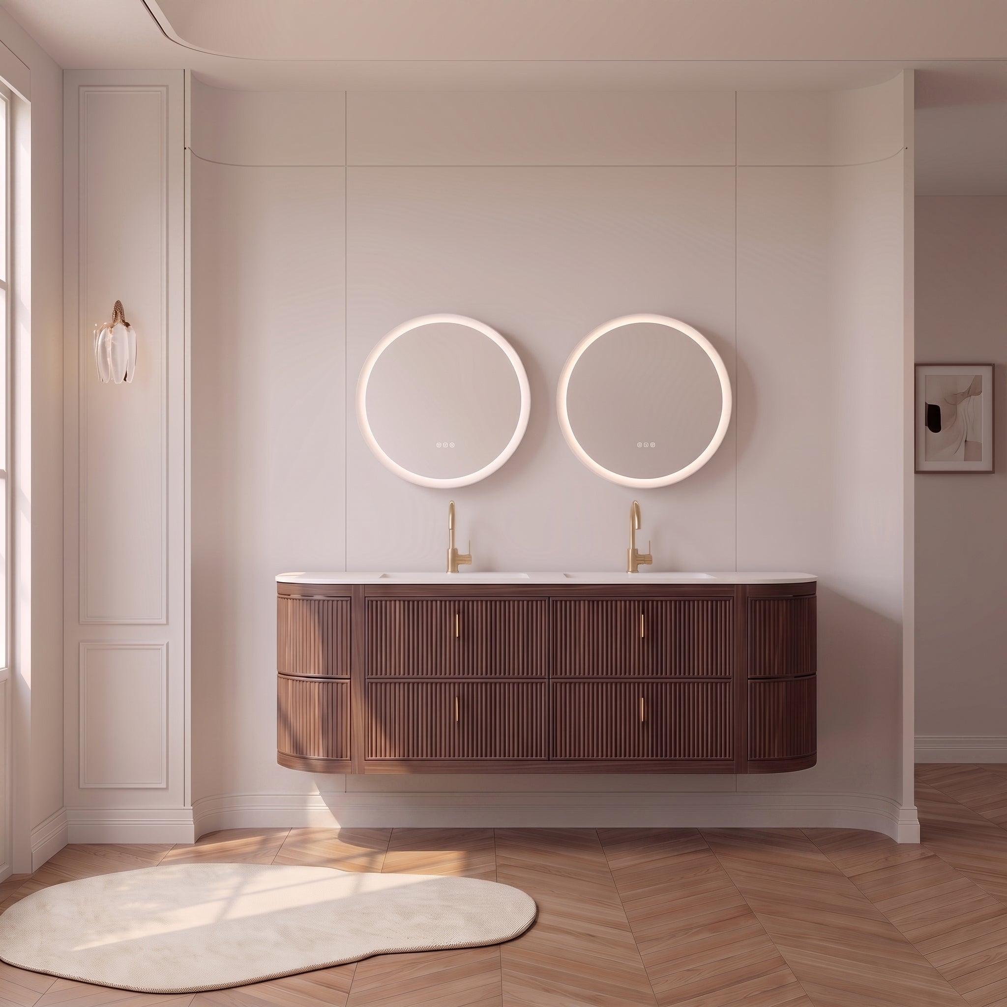 72" Walnut Curved Fluted Bathroom Vanity - Matte White Countertop