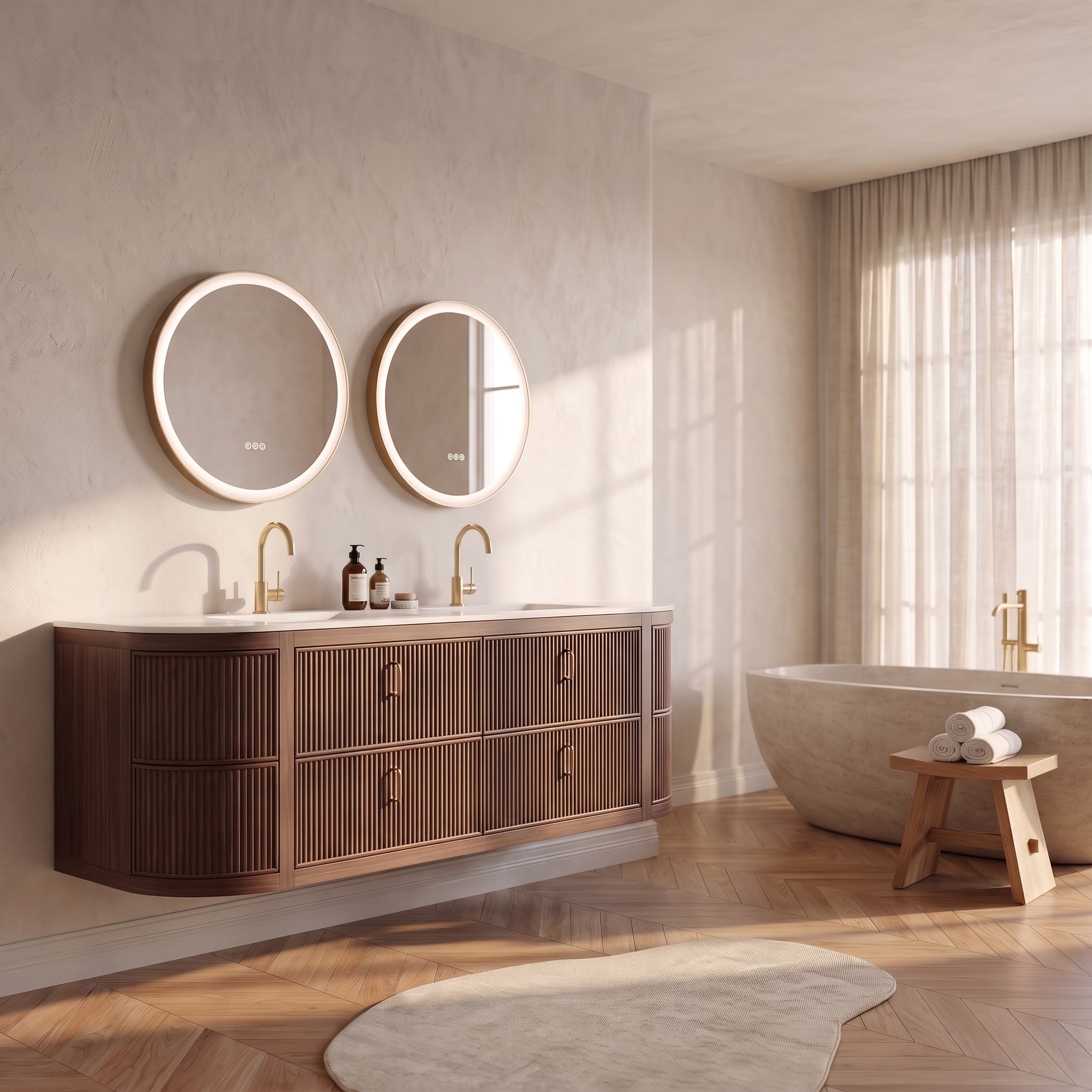 72" Walnut Curved Fluted Bathroom Vanity - Matte White Countertop