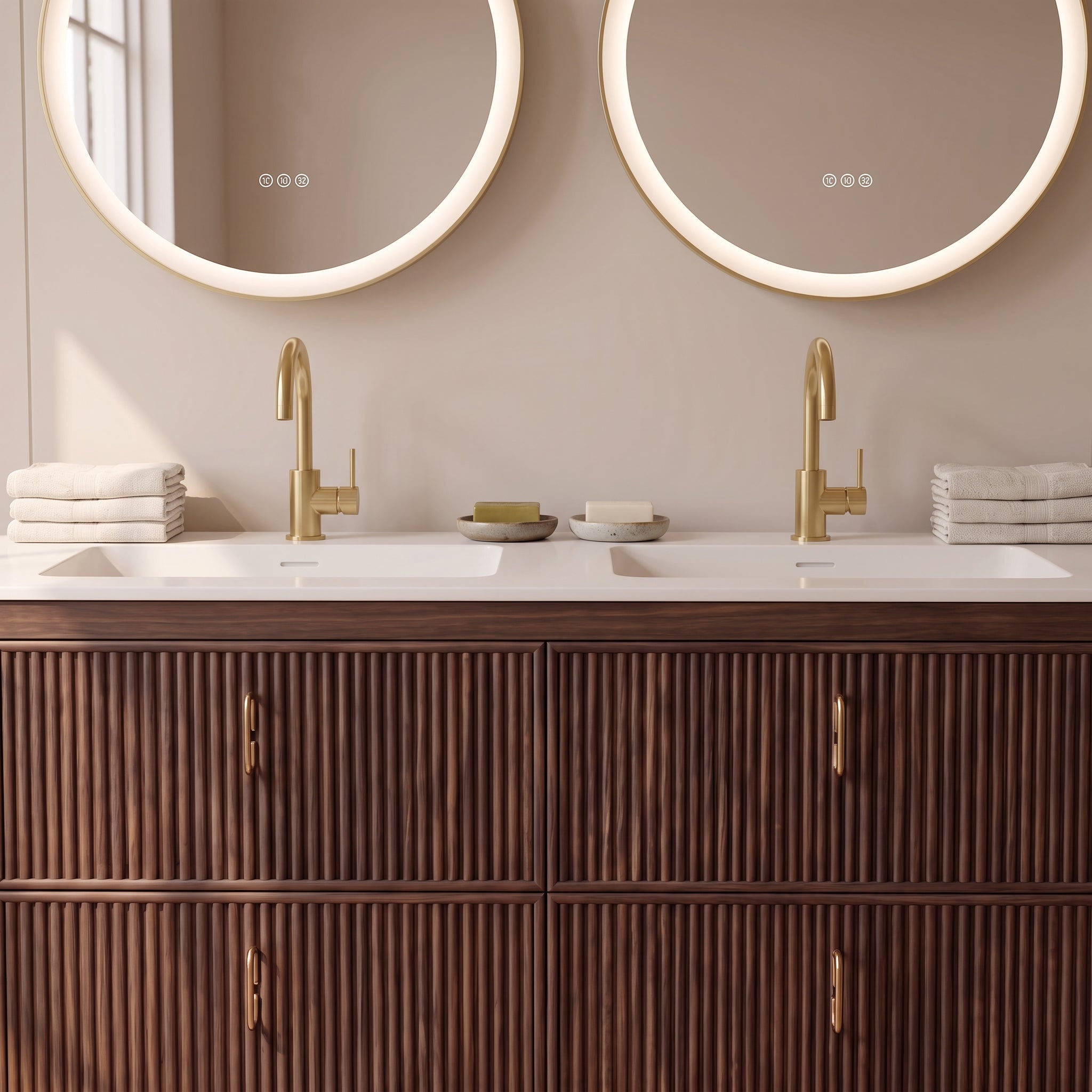 72" Walnut Curved Fluted Bathroom Vanity - Matte White Countertop