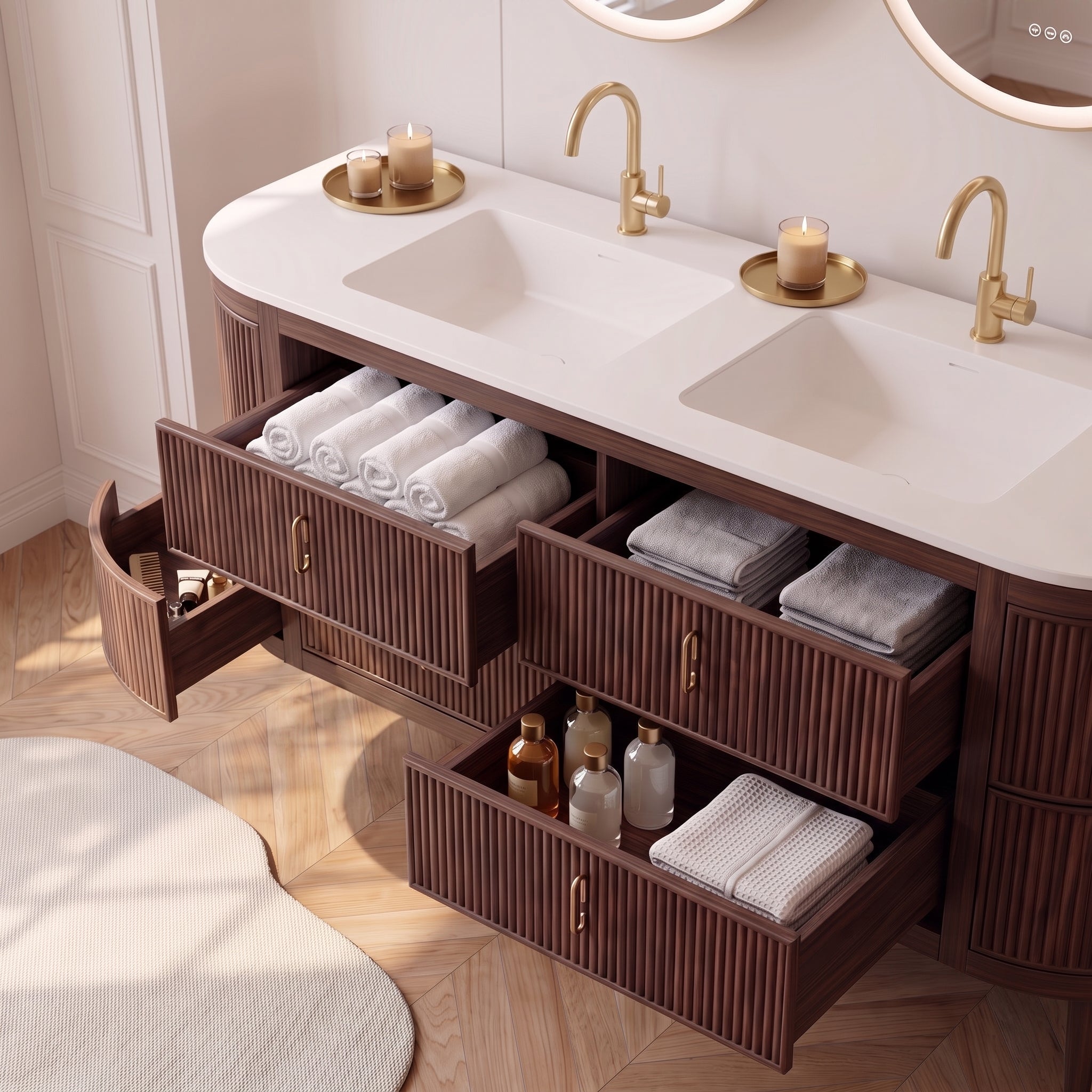 72" Walnut Curved Fluted Bathroom Vanity - Matte White Countertop