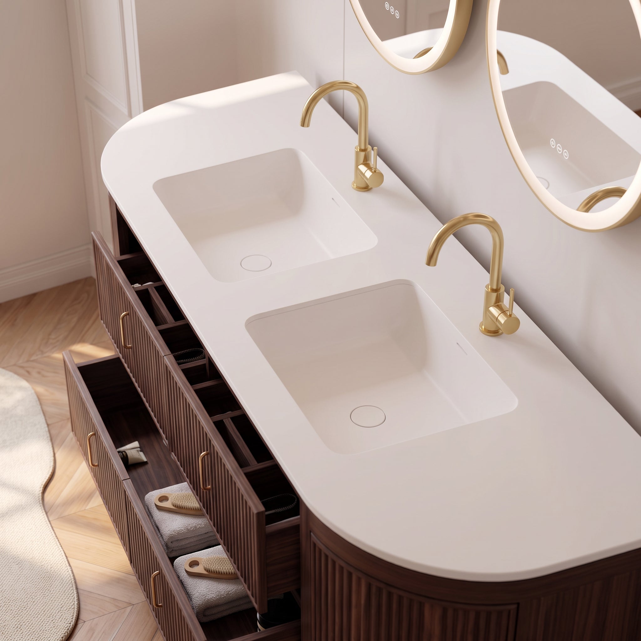 72" Walnut Curved Fluted Bathroom Vanity - Matte White Countertop