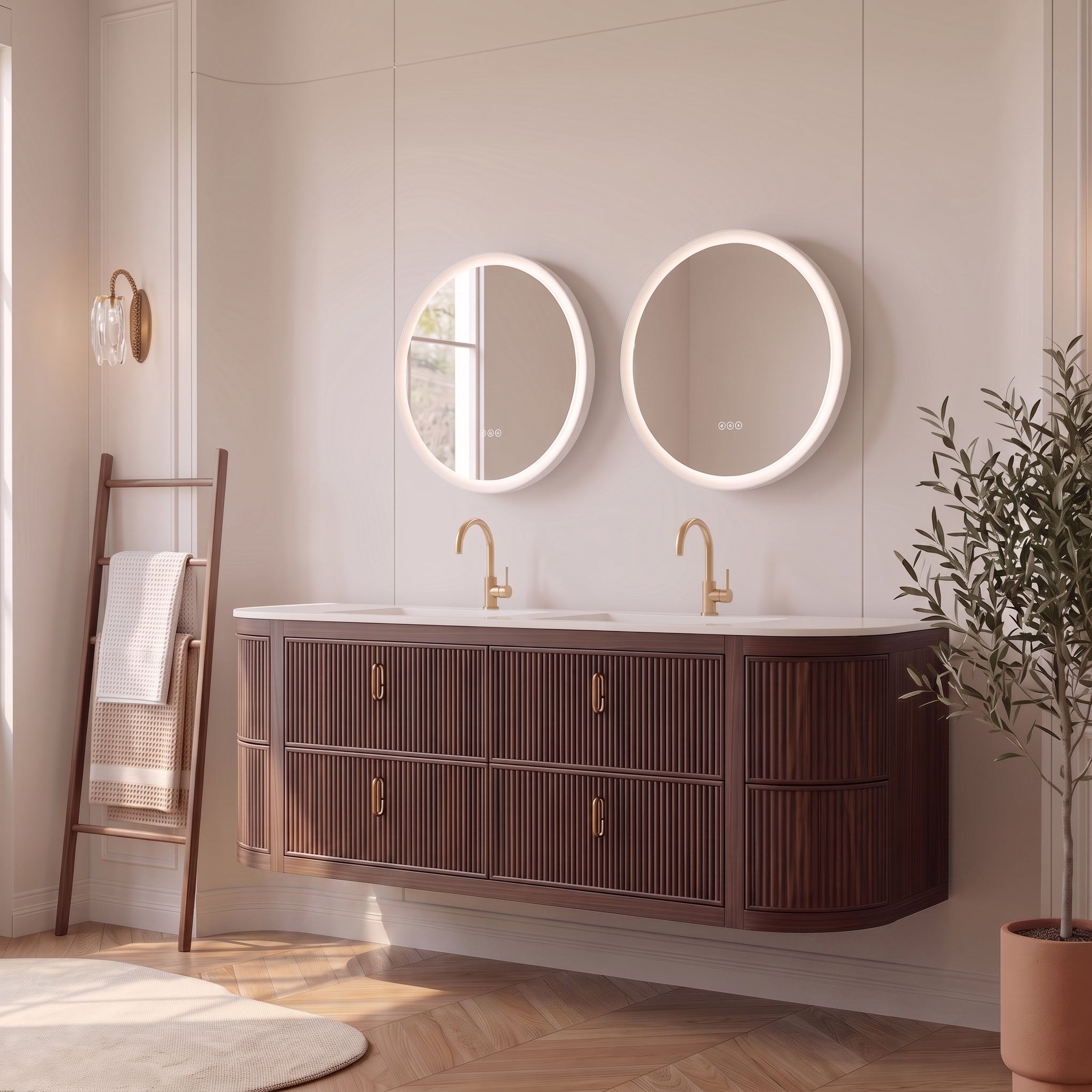 72" Walnut Curved Fluted Bathroom Vanity - Matte White Countertop