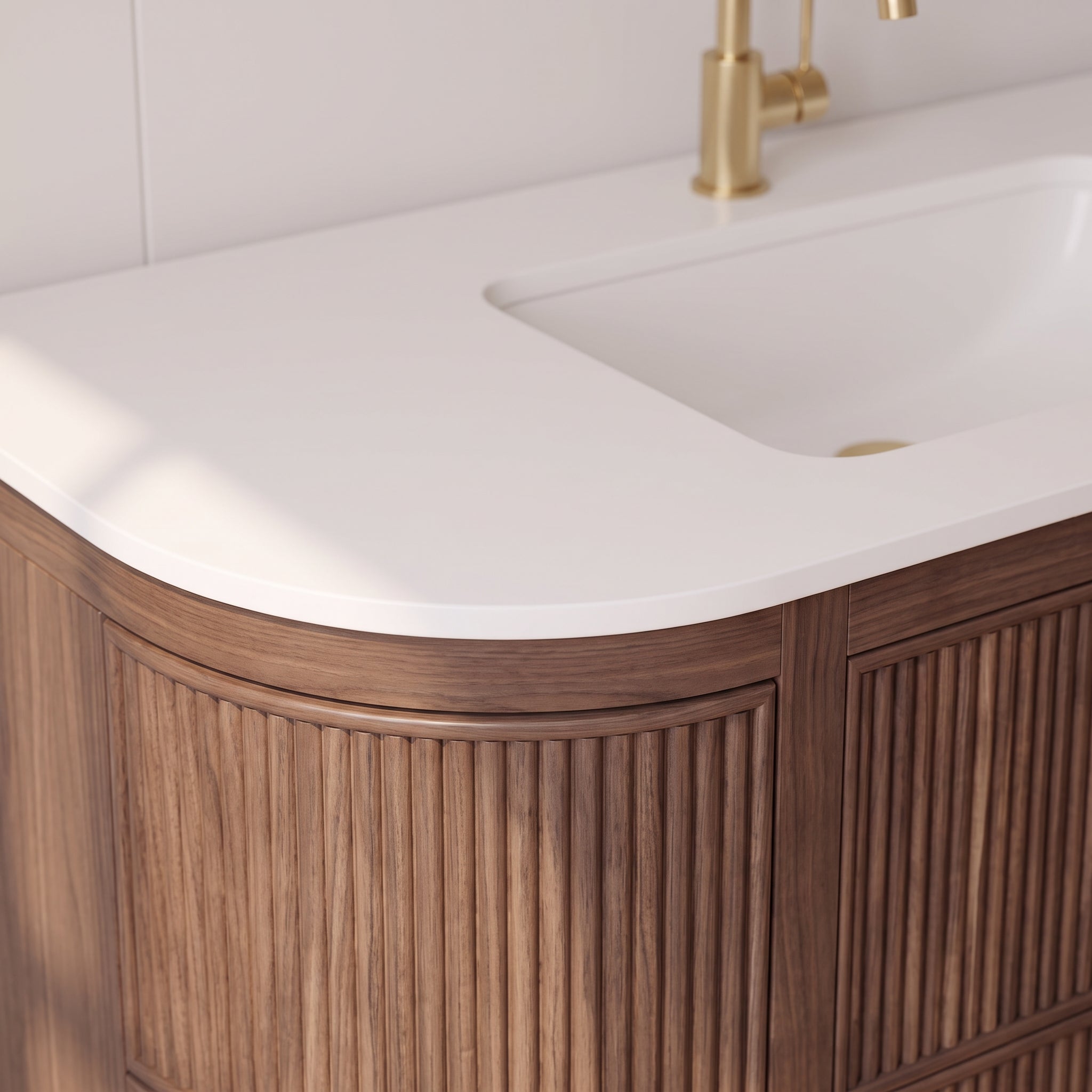 72" Walnut Curved Fluted Bathroom Vanity - Matte White Countertop