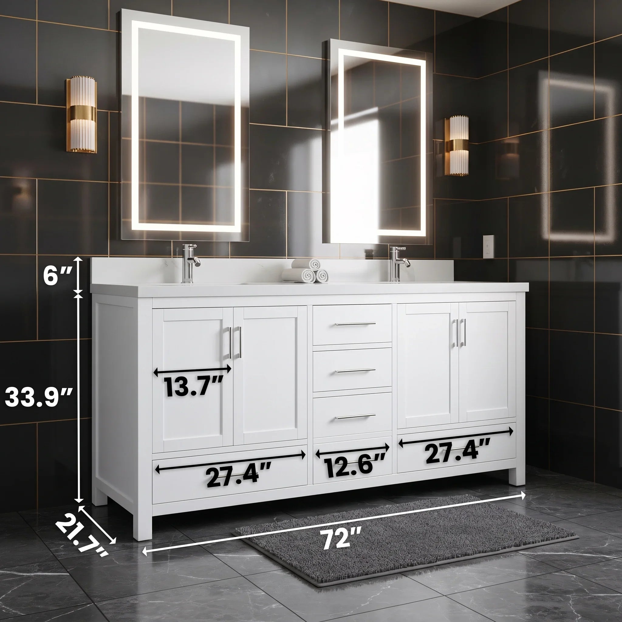 Meuble-Lavabo Autoportant 72po Blanc avec Comptoir de Marbre Ingénierie Calcutta