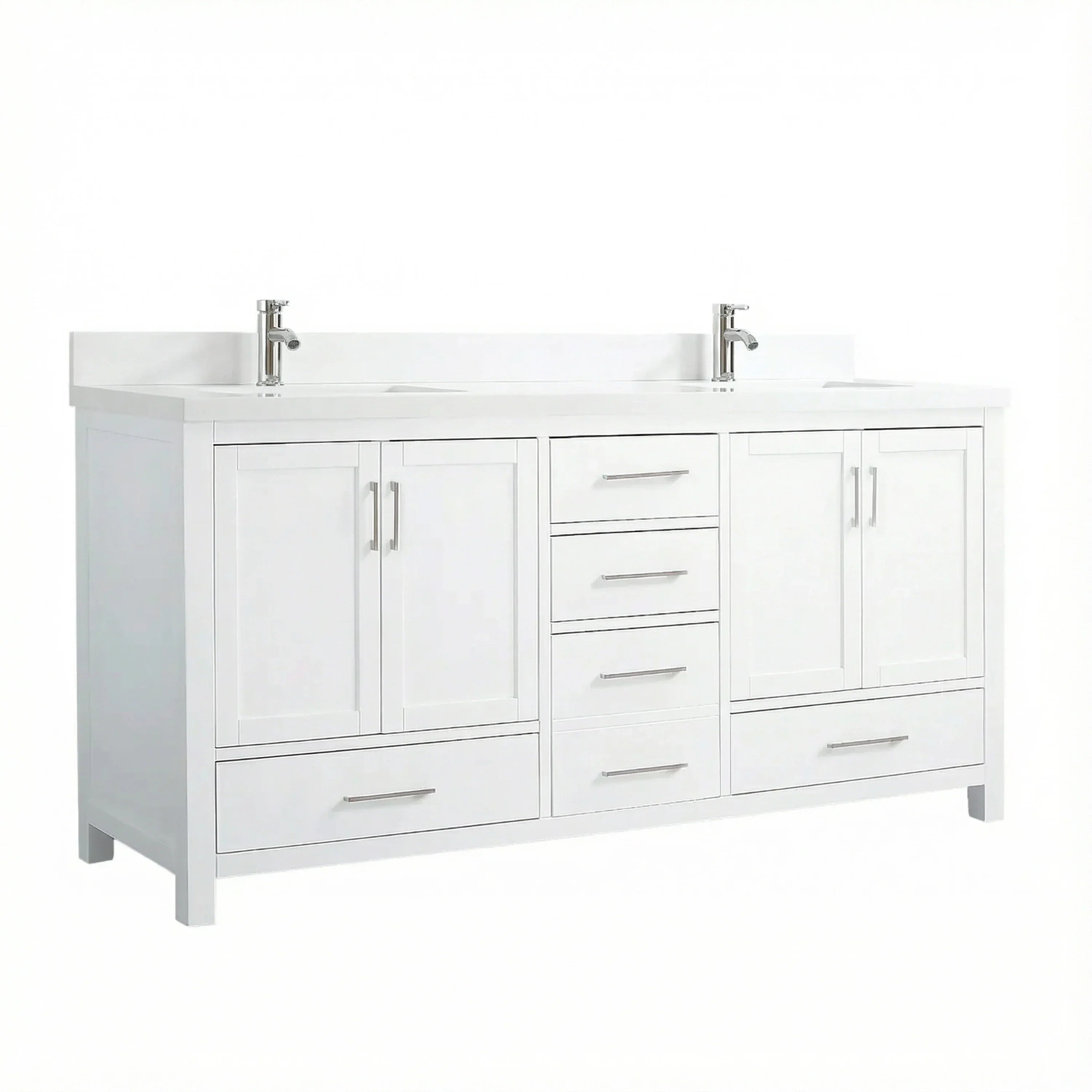 Meuble-lavabo double sur pied blanc de 72 po avec comptoir en marbre blanc reconstitué