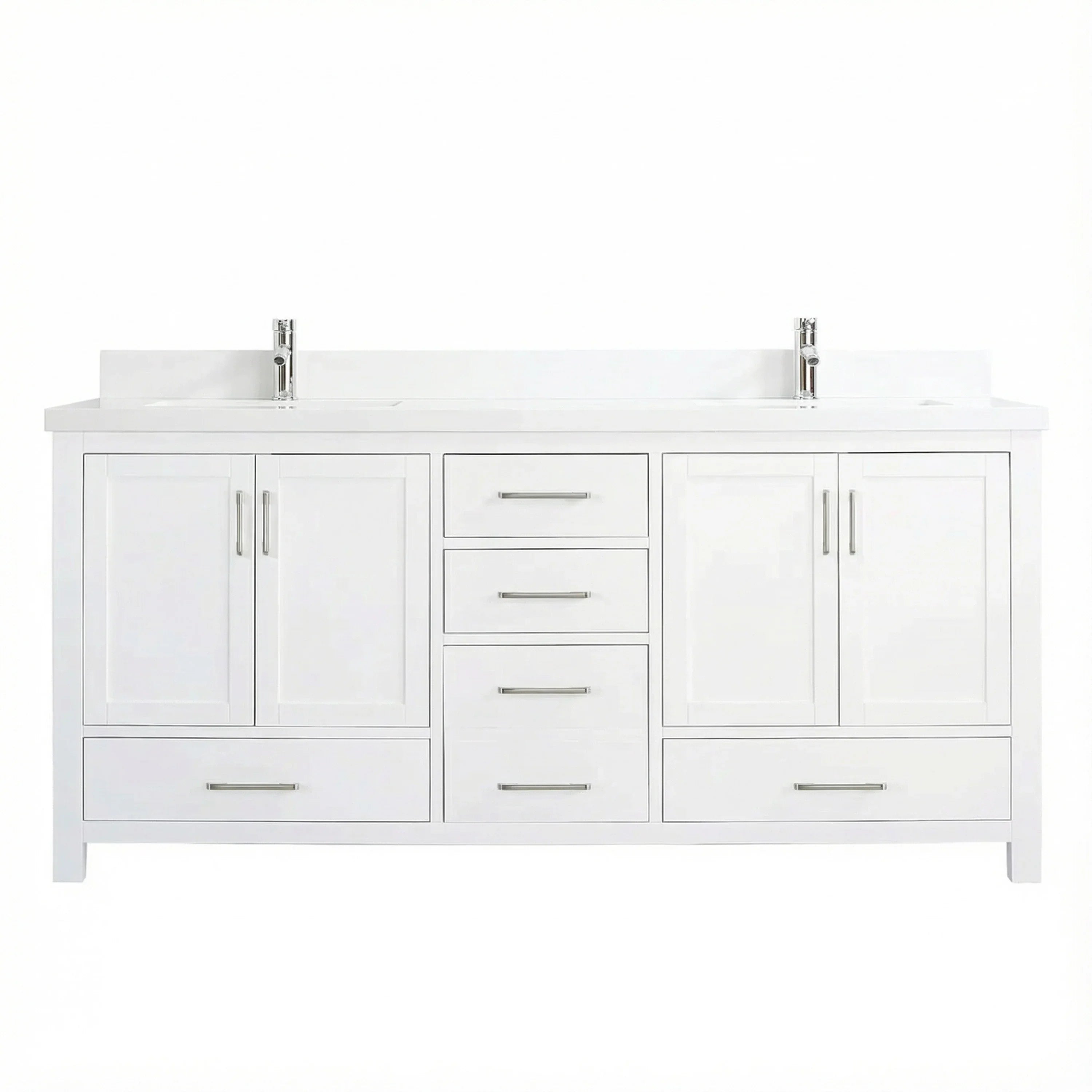 Meuble-lavabo double sur pied blanc de 72 po avec comptoir en marbre blanc reconstitué