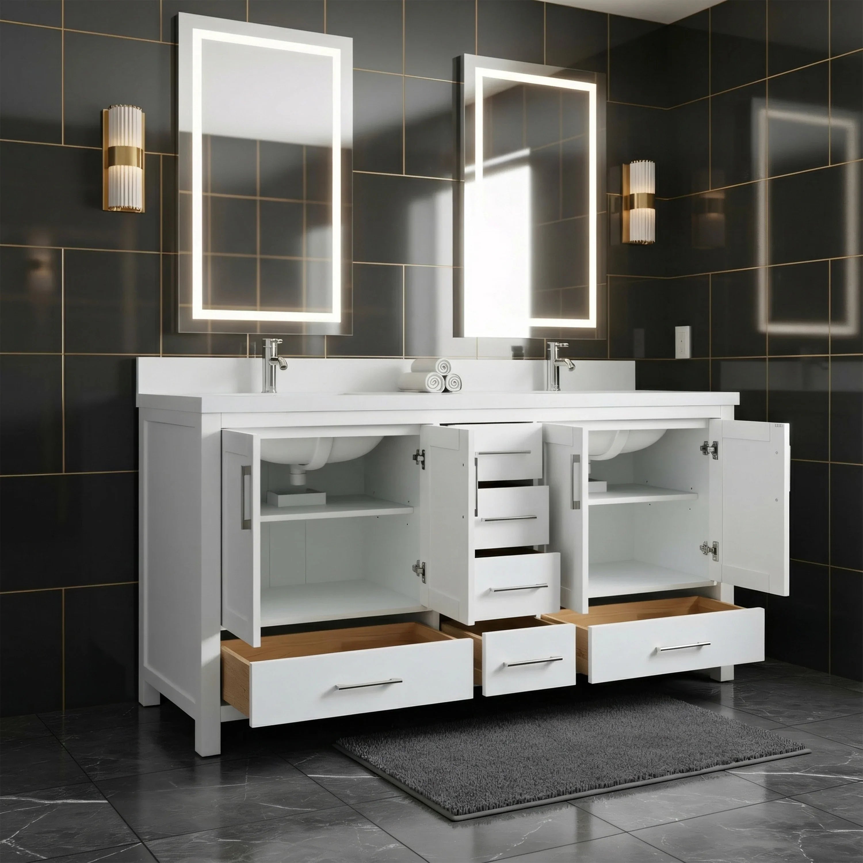 Meuble-lavabo double sur pied blanc de 72 po avec comptoir en marbre blanc reconstitué