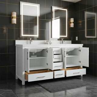 Meuble-lavabo double sur pied blanc de 72 po avec comptoir en marbre blanc reconstitué