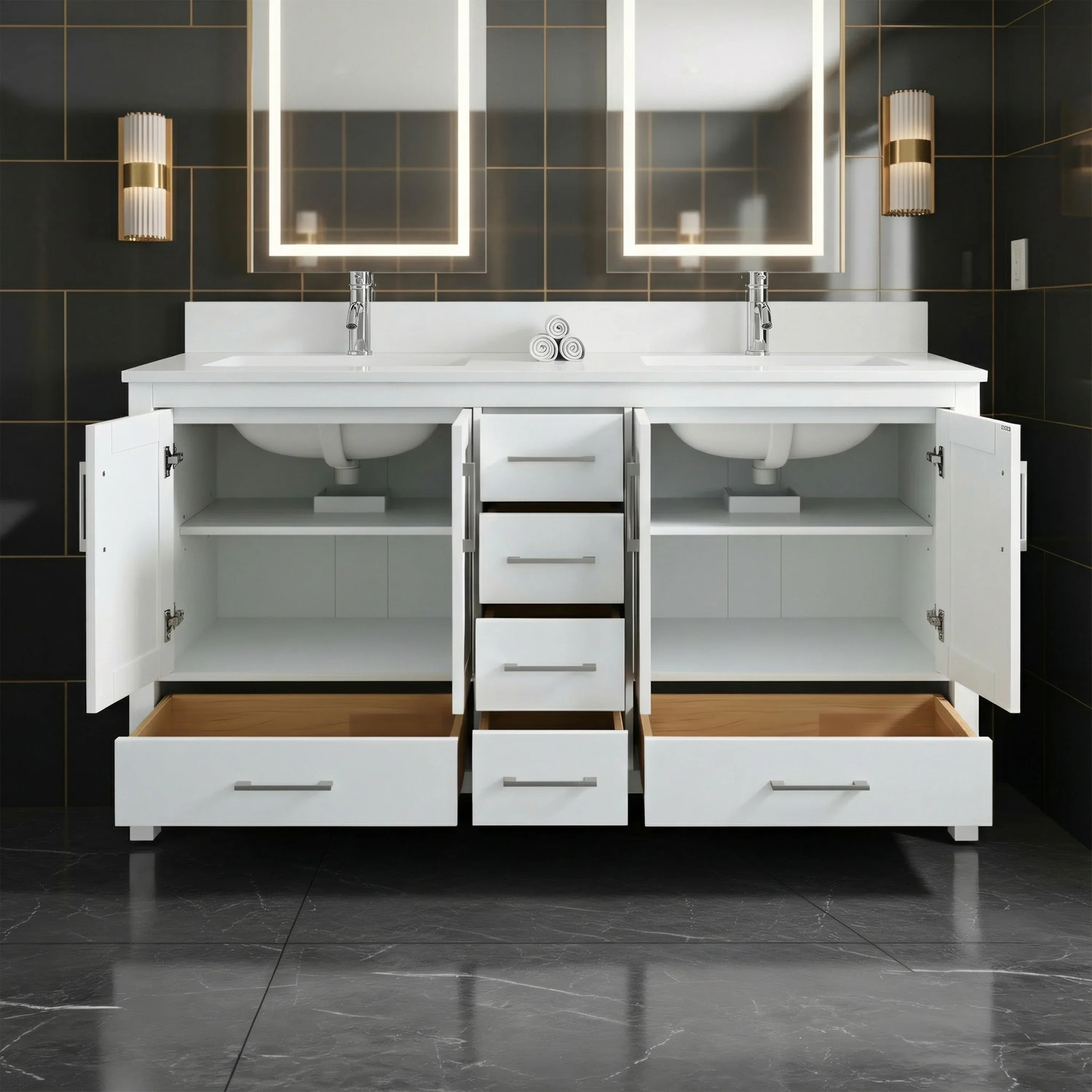 Meuble-lavabo double sur pied blanc de 72 po avec comptoir en marbre blanc reconstitué