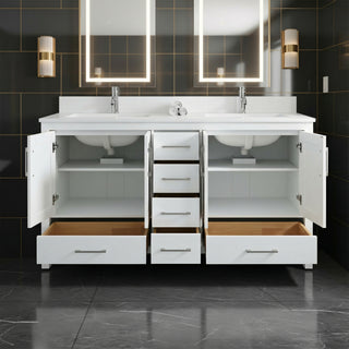 Meuble-lavabo double sur pied blanc de 72 po avec comptoir en marbre blanc reconstitué