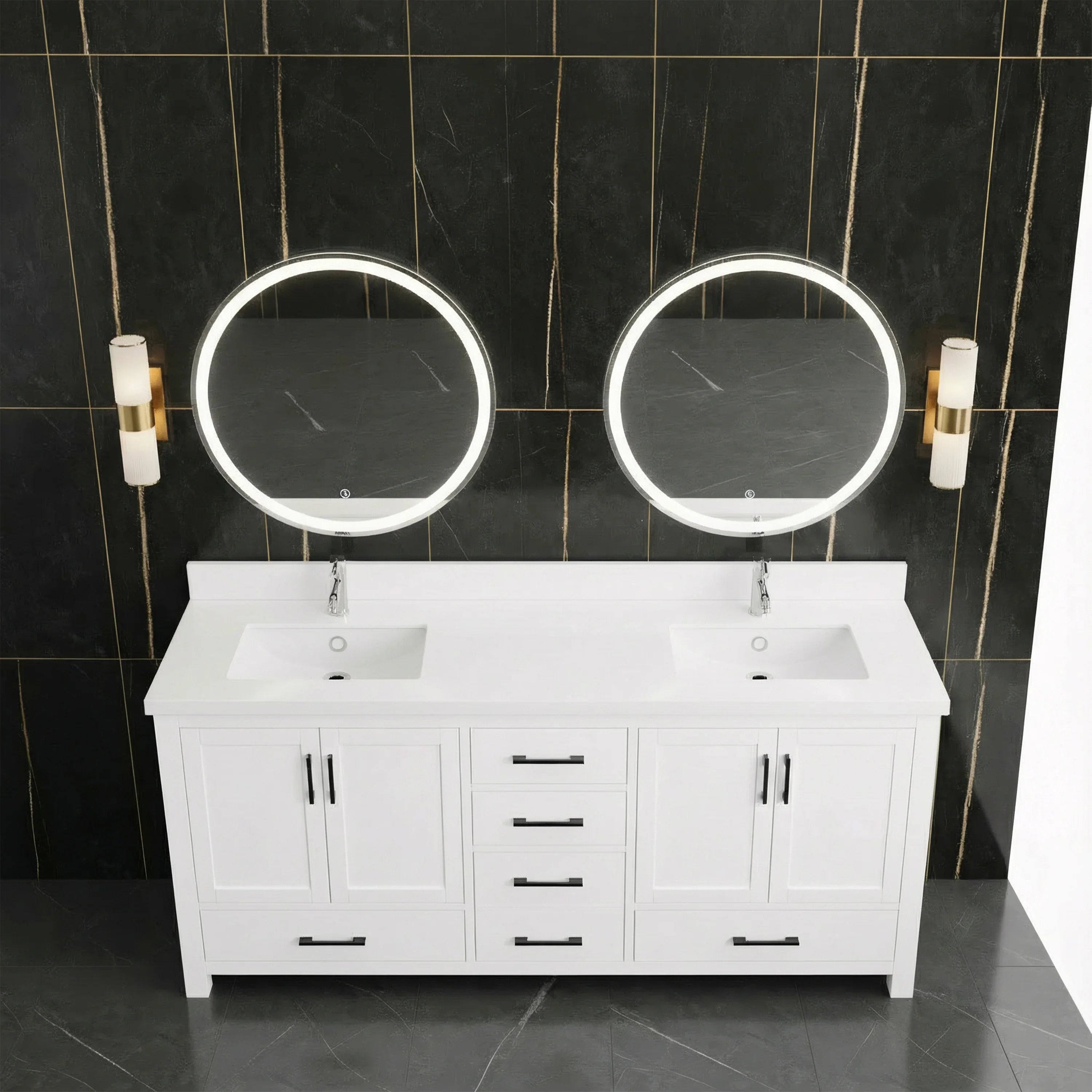 Meuble-lavabo double sur pied blanc de 72 po avec comptoir en marbre blanc reconstitué