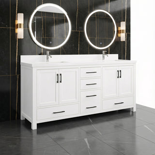 Meuble-lavabo double sur pied blanc de 72 po avec comptoir en marbre blanc reconstitué