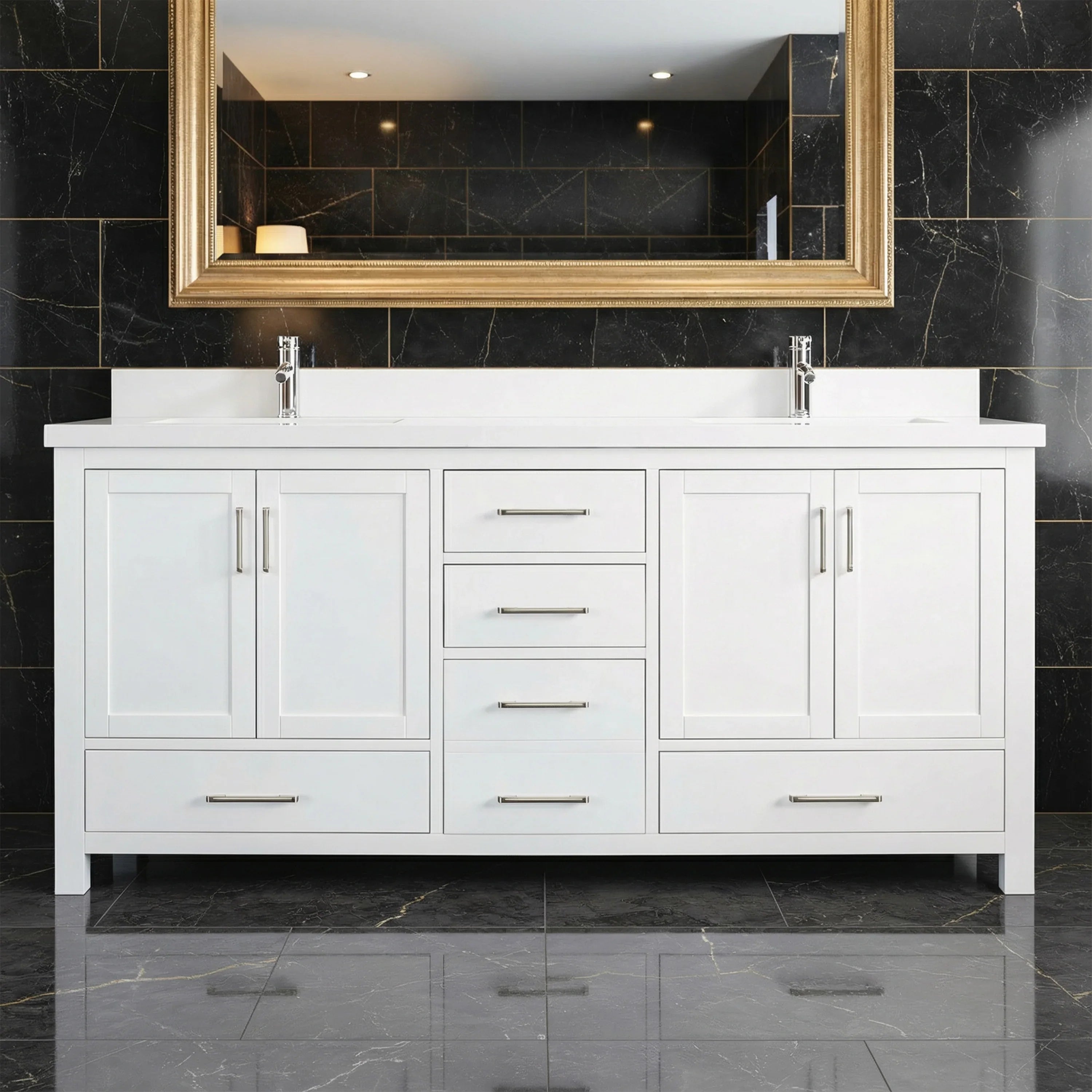 Meuble-lavabo double sur pied blanc de 72 po avec comptoir en marbre blanc reconstitué