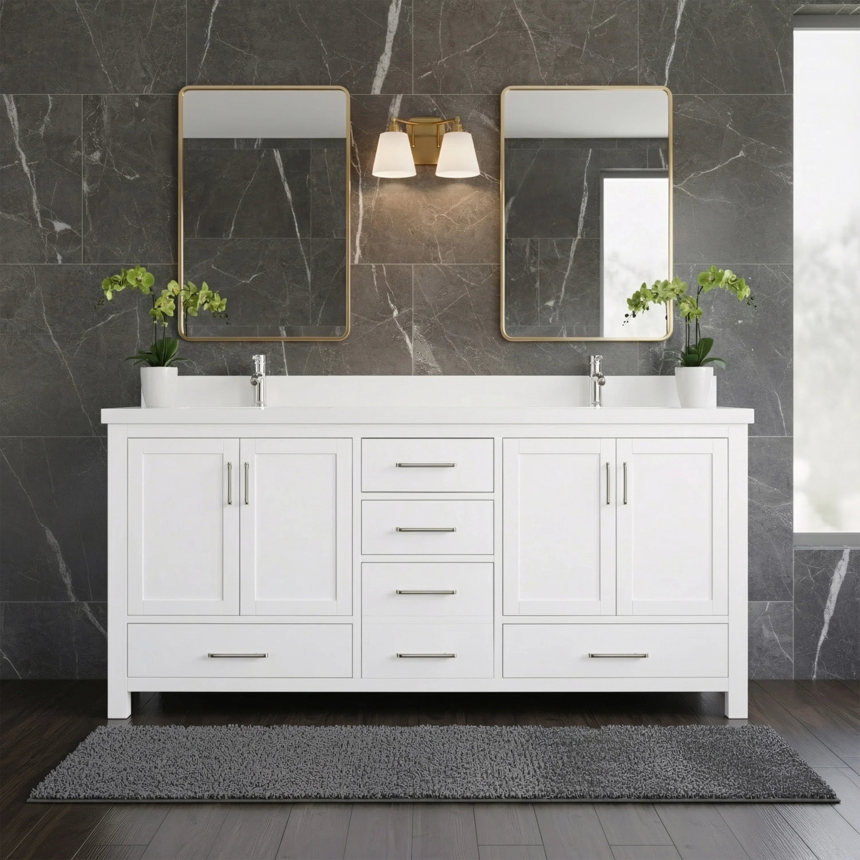 Meuble-lavabo double sur pied blanc de 72 po avec comptoir en marbre blanc reconstitué