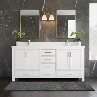 Meuble-lavabo double sur pied blanc de 72 po avec comptoir en marbre blanc reconstitué