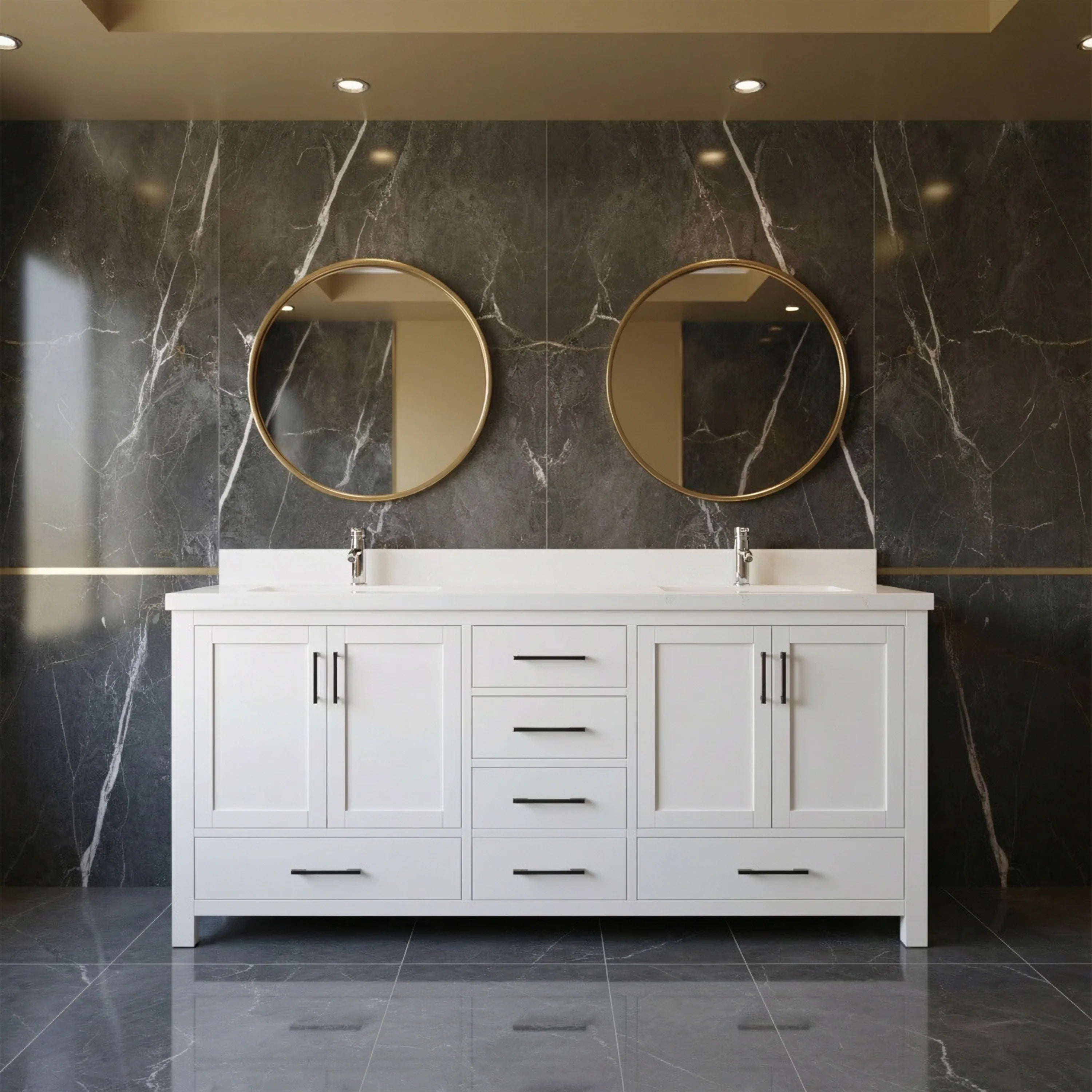 Meuble-lavabo double sur pied blanc de 72 po avec comptoir en marbre blanc reconstitué