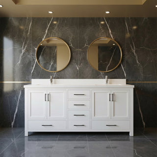 Meuble-lavabo double sur pied blanc de 72 po avec comptoir en marbre blanc reconstitué