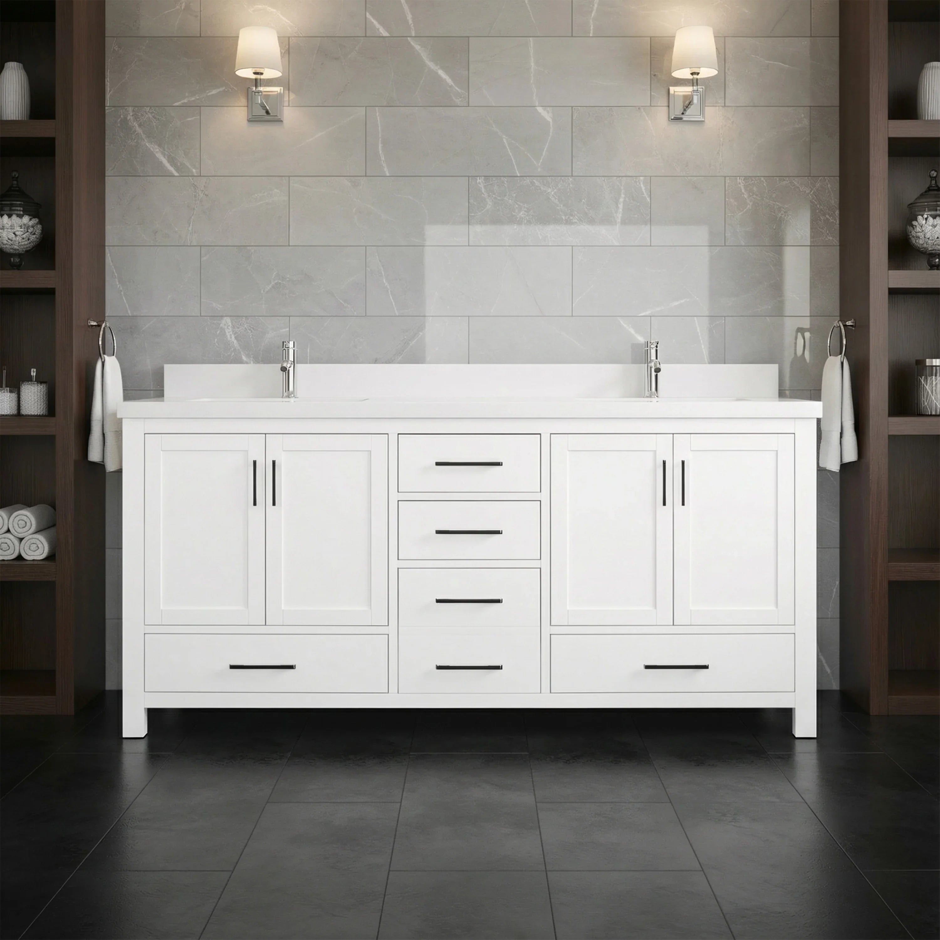 Meuble-lavabo double sur pied blanc de 72 po avec comptoir en marbre blanc reconstitué