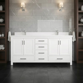 Meuble-lavabo double sur pied blanc de 72 po avec comptoir en marbre blanc reconstitué