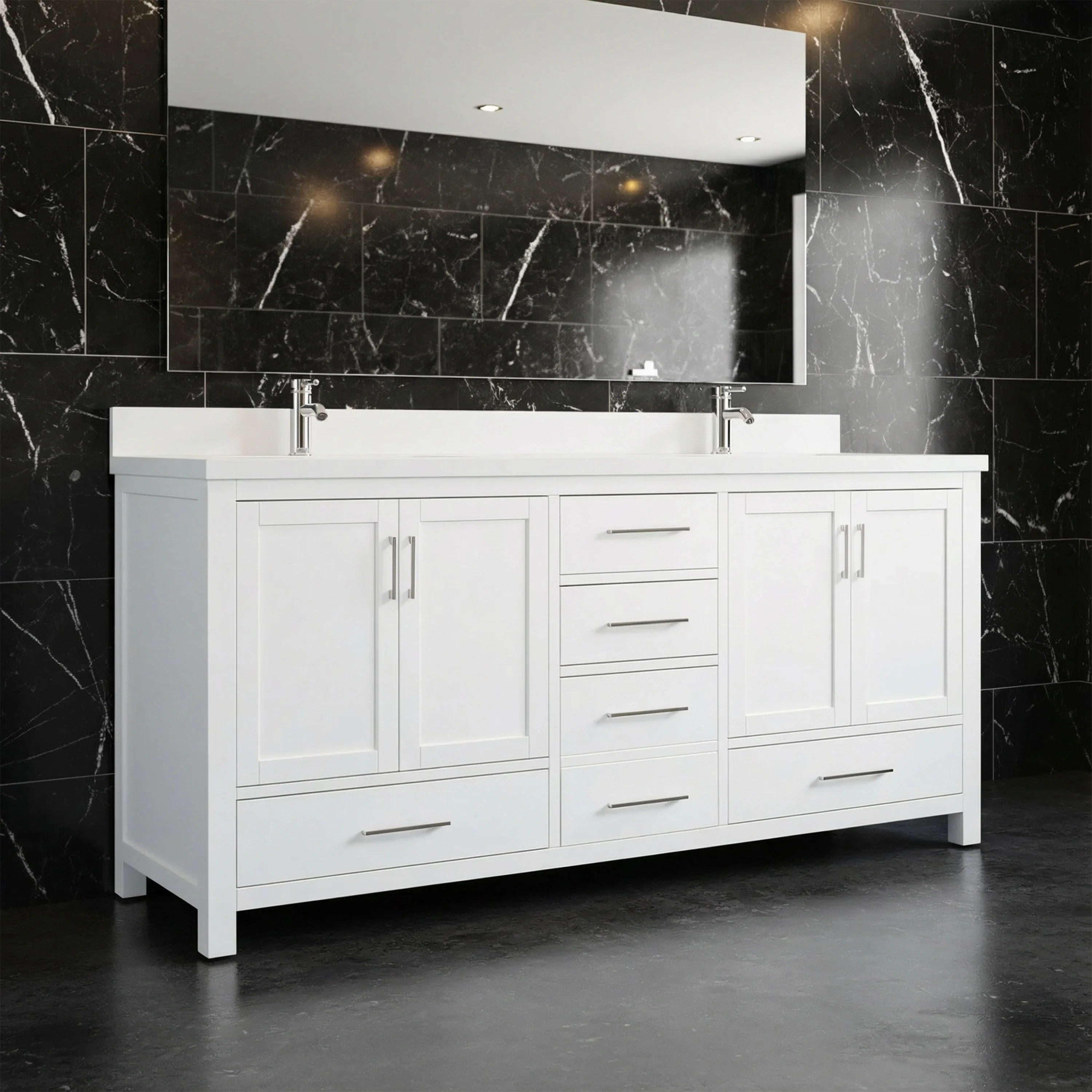 Meuble-lavabo double sur pied blanc de 72 po avec comptoir en marbre blanc reconstitué