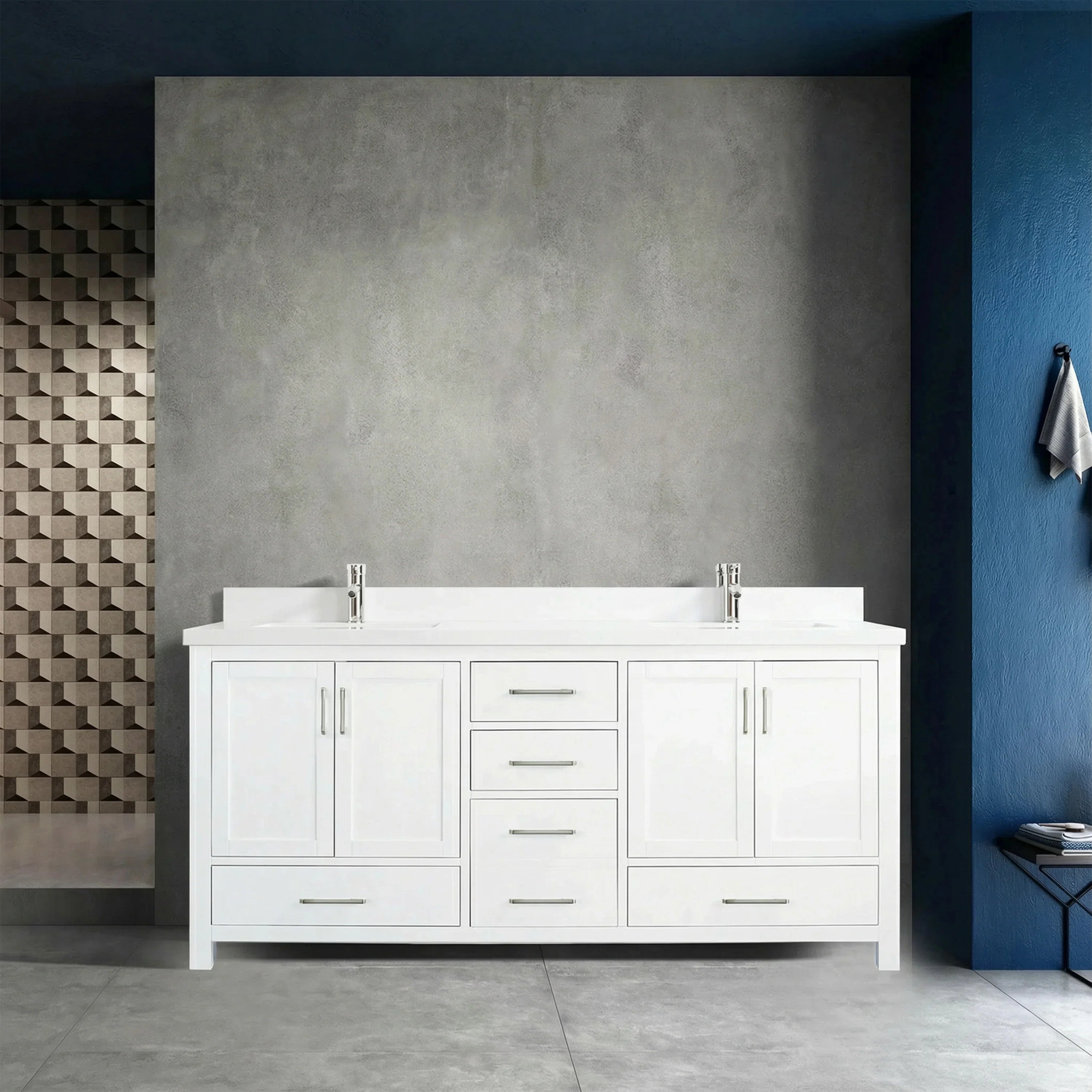 Meuble-lavabo double sur pied blanc de 72 po avec comptoir en marbre blanc reconstitué