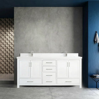 Meuble-lavabo double sur pied blanc de 72 po avec comptoir en marbre blanc reconstitué