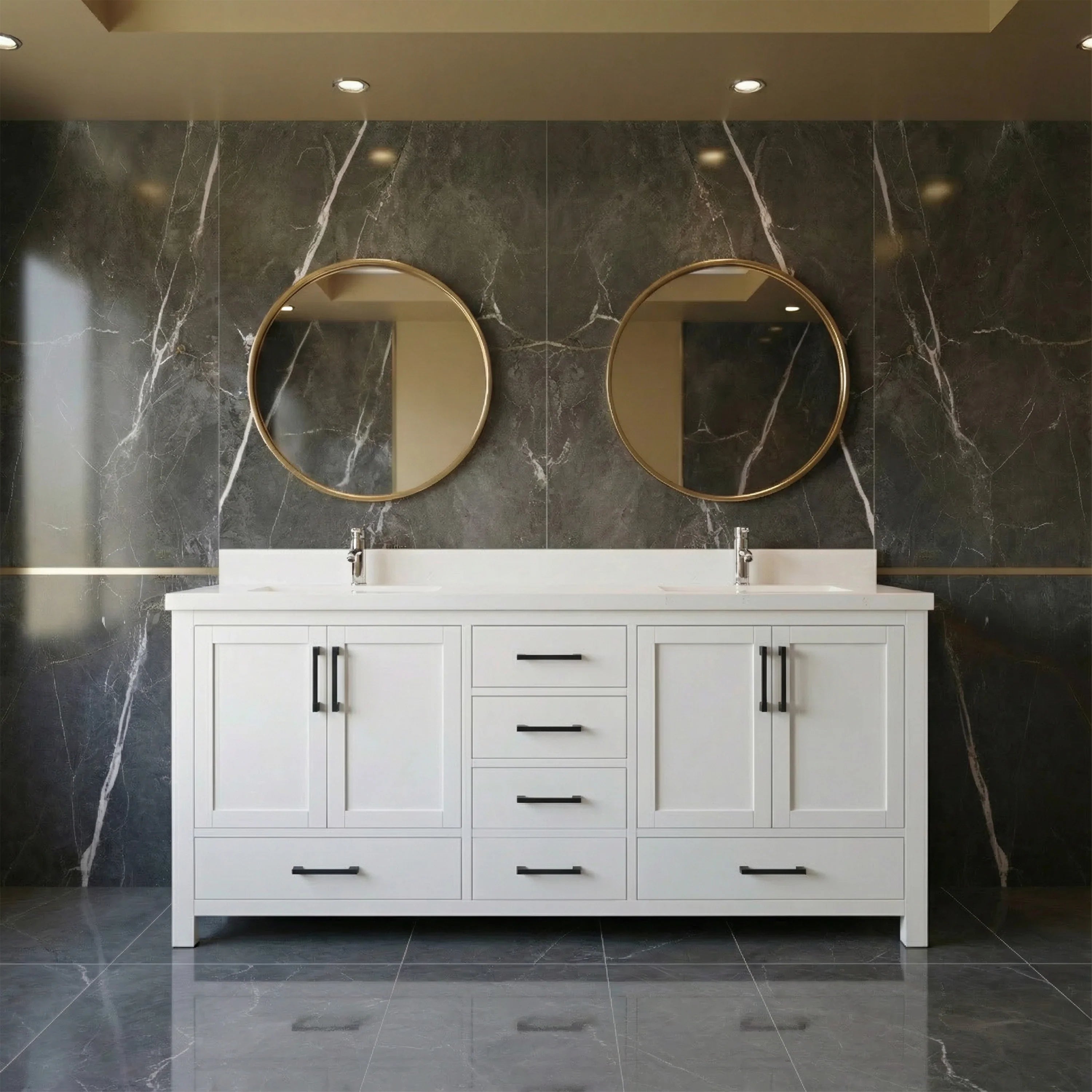 Meuble-lavabo double sur pied blanc de 72 po avec comptoir en marbre blanc reconstitué