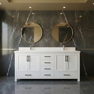 Meuble-lavabo double sur pied blanc de 72 po avec comptoir en marbre blanc reconstitué