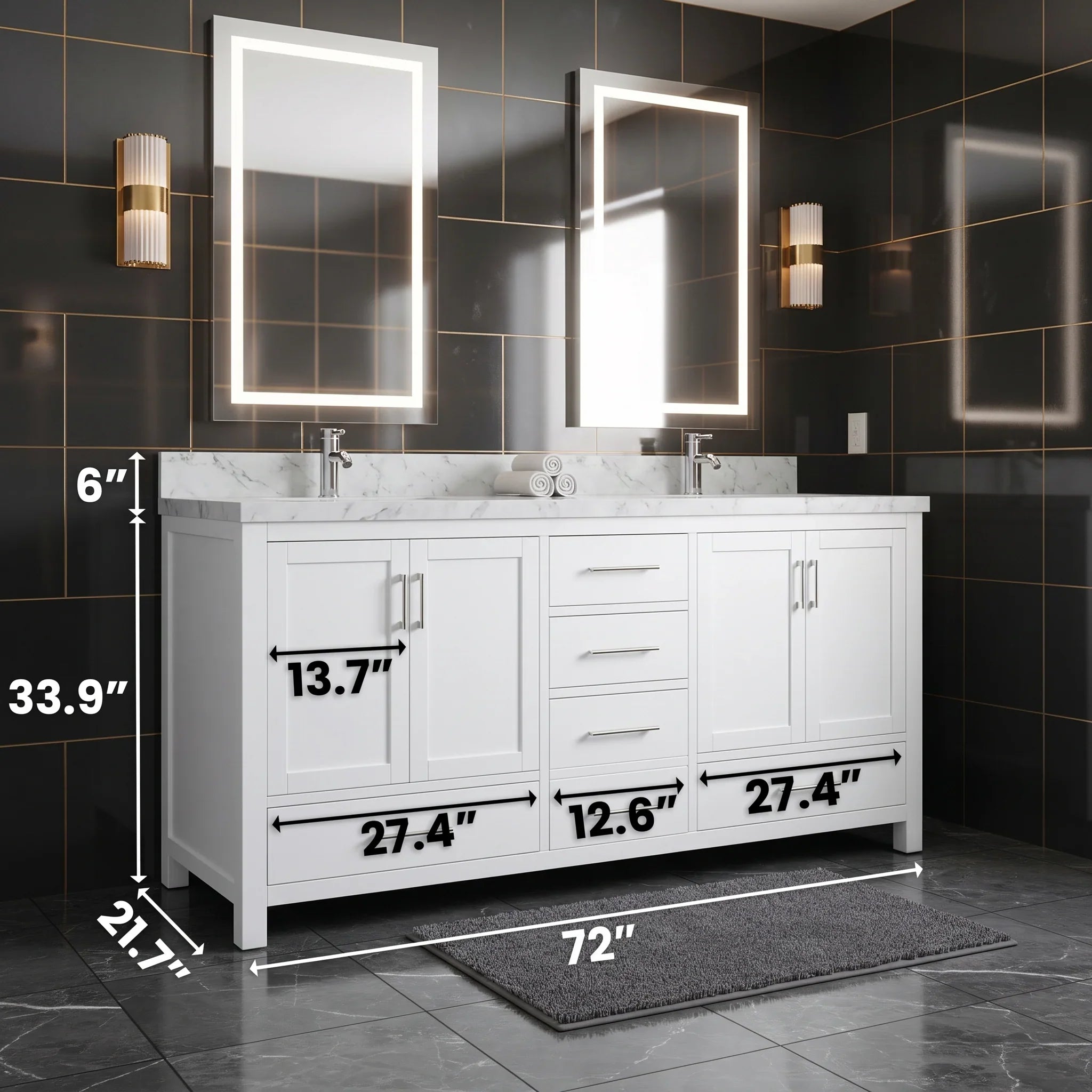 Meuble-lavabo double sur pied blanc de 72 po avec comptoir en marbre blanc reconstitué