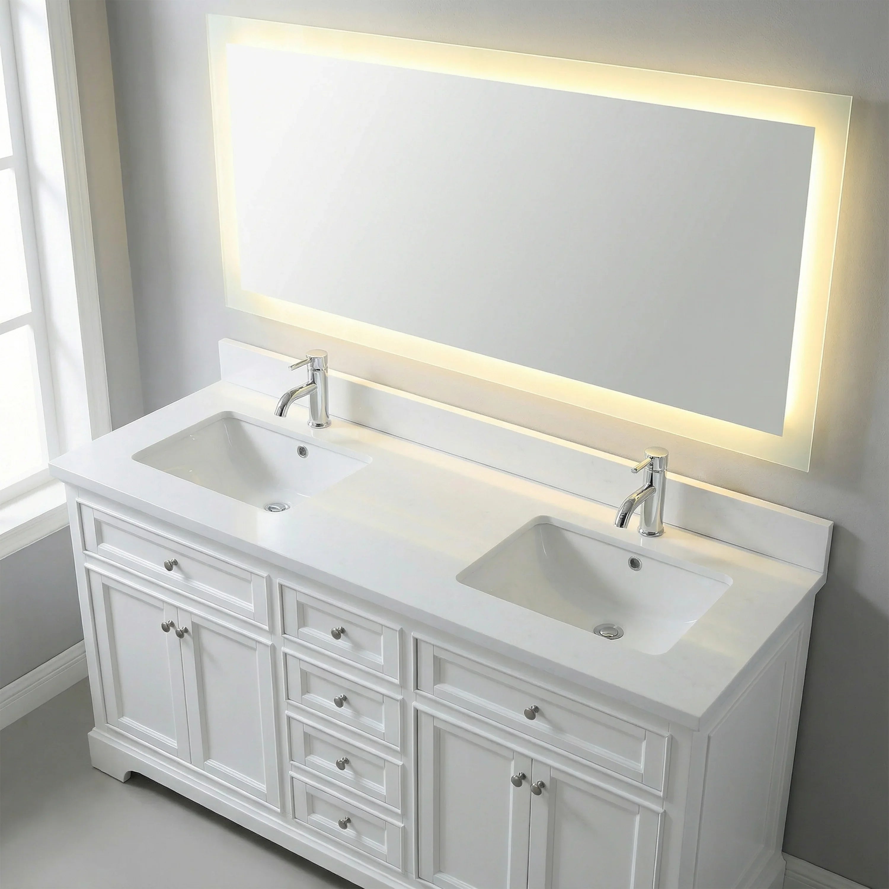 72" White Freestanding Bathroom Vanity with Engineered White Marble Countertop