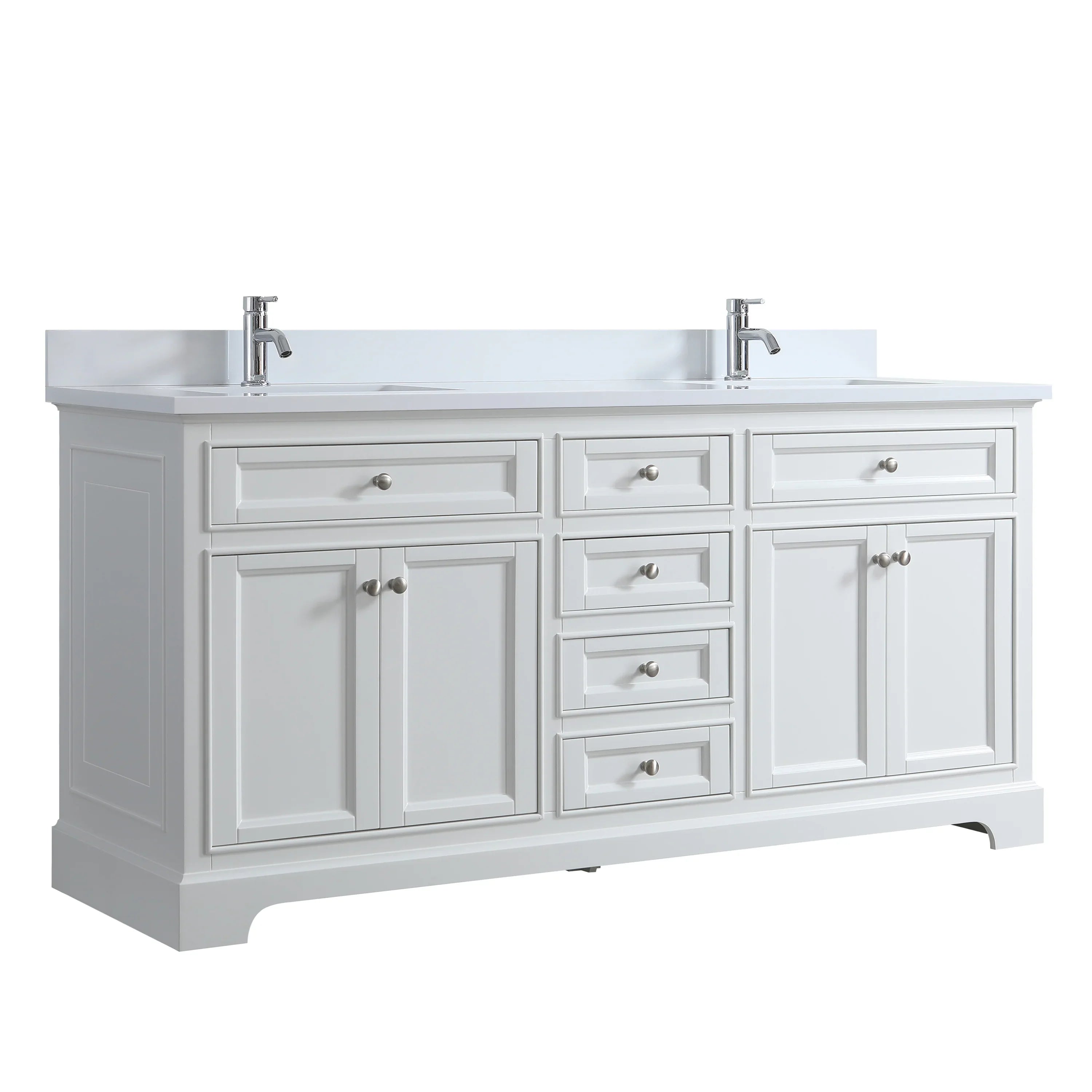 72" White Freestanding Bathroom Vanity with Engineered White Marble Countertop