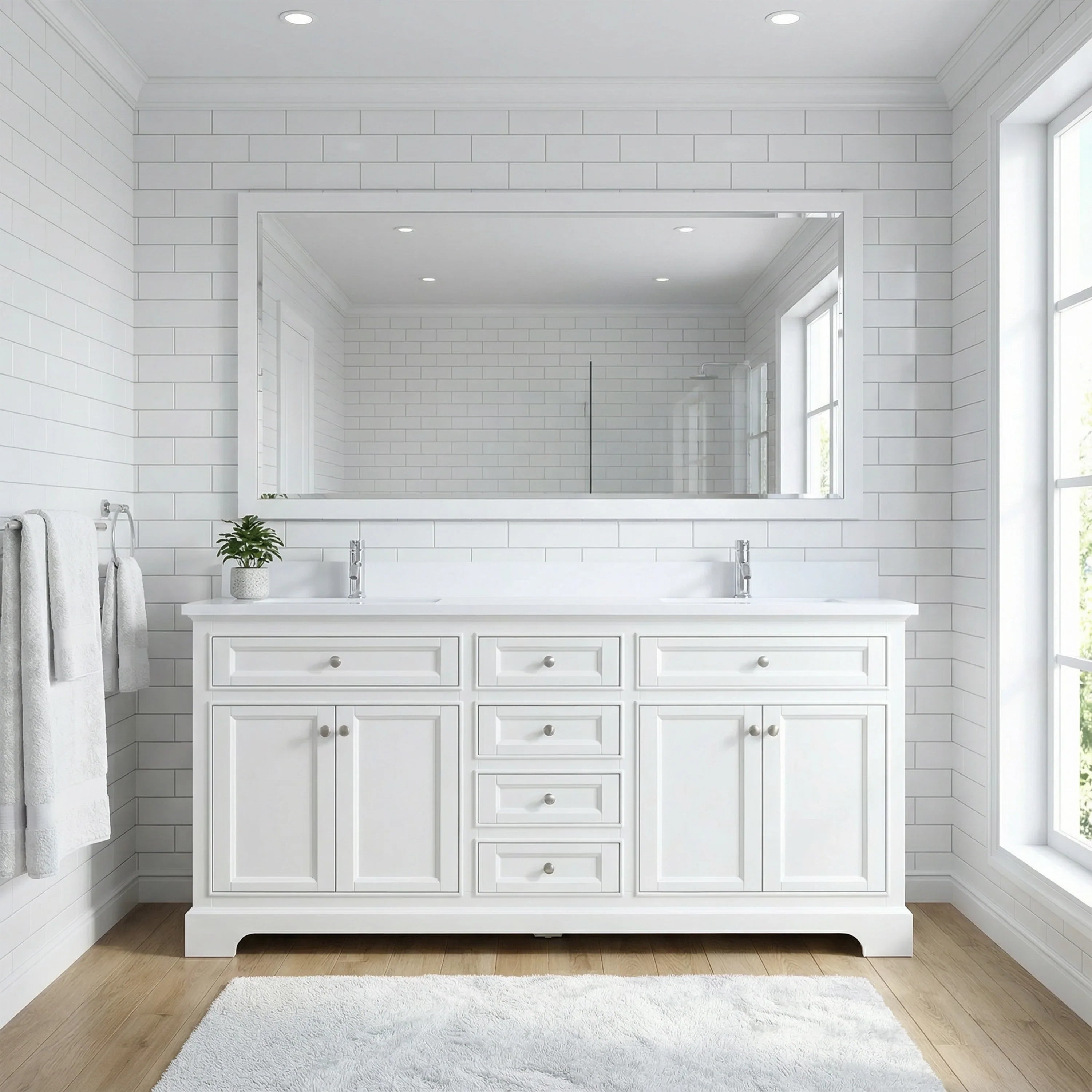 72" White Freestanding Bathroom Vanity with Engineered White Marble Countertop