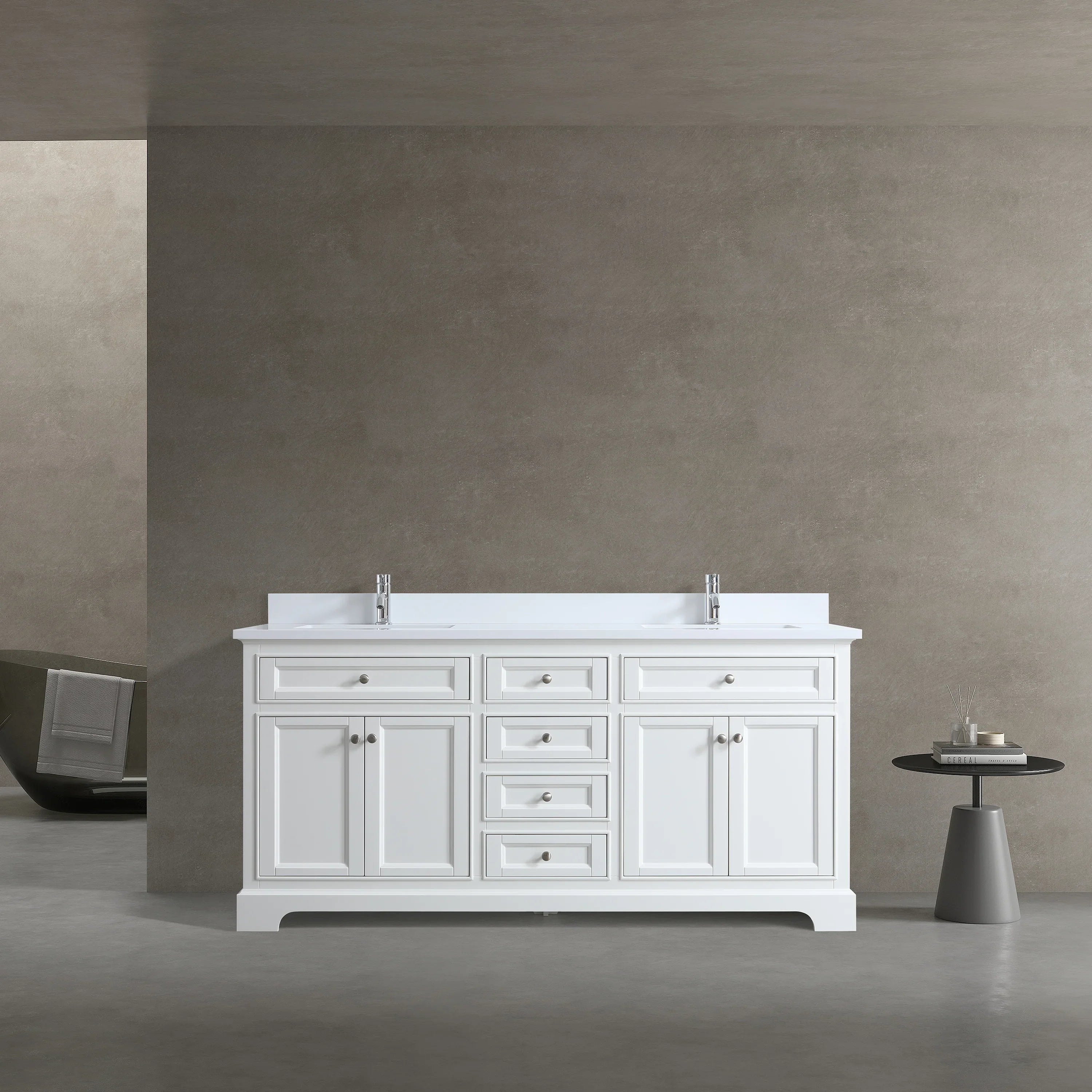 72" White Freestanding Bathroom Vanity with Engineered White Marble Countertop